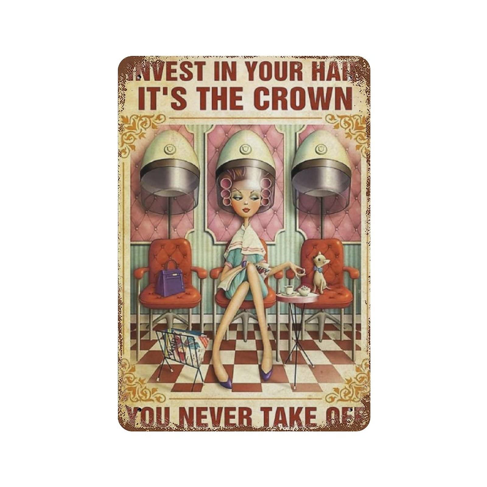 Lsjuee Novelty PosterIron Painting Hairdresser Tin Sign, Invest in Your Hair, Hair Salon Decor, Hairstylist Decor Salon Decor Retro Metal Tin Sign Vintage Sign for Home Coffee Wall Decor 8x12 in