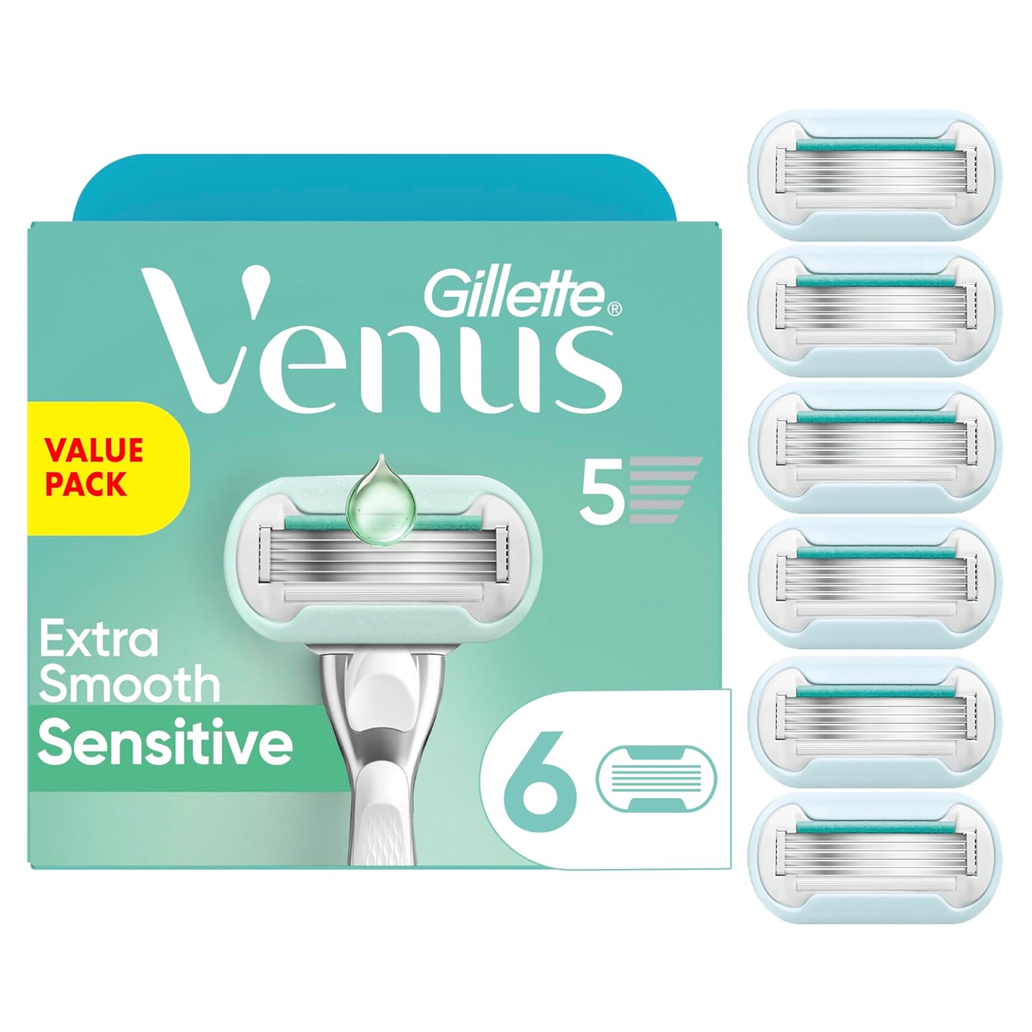 Gillette Venus Extra Smooth Sensitive Razor Blade Refills, 6 Count - 5 Blades for Sensitive Skin, Ultra-Smooth Shave Without Irritation
