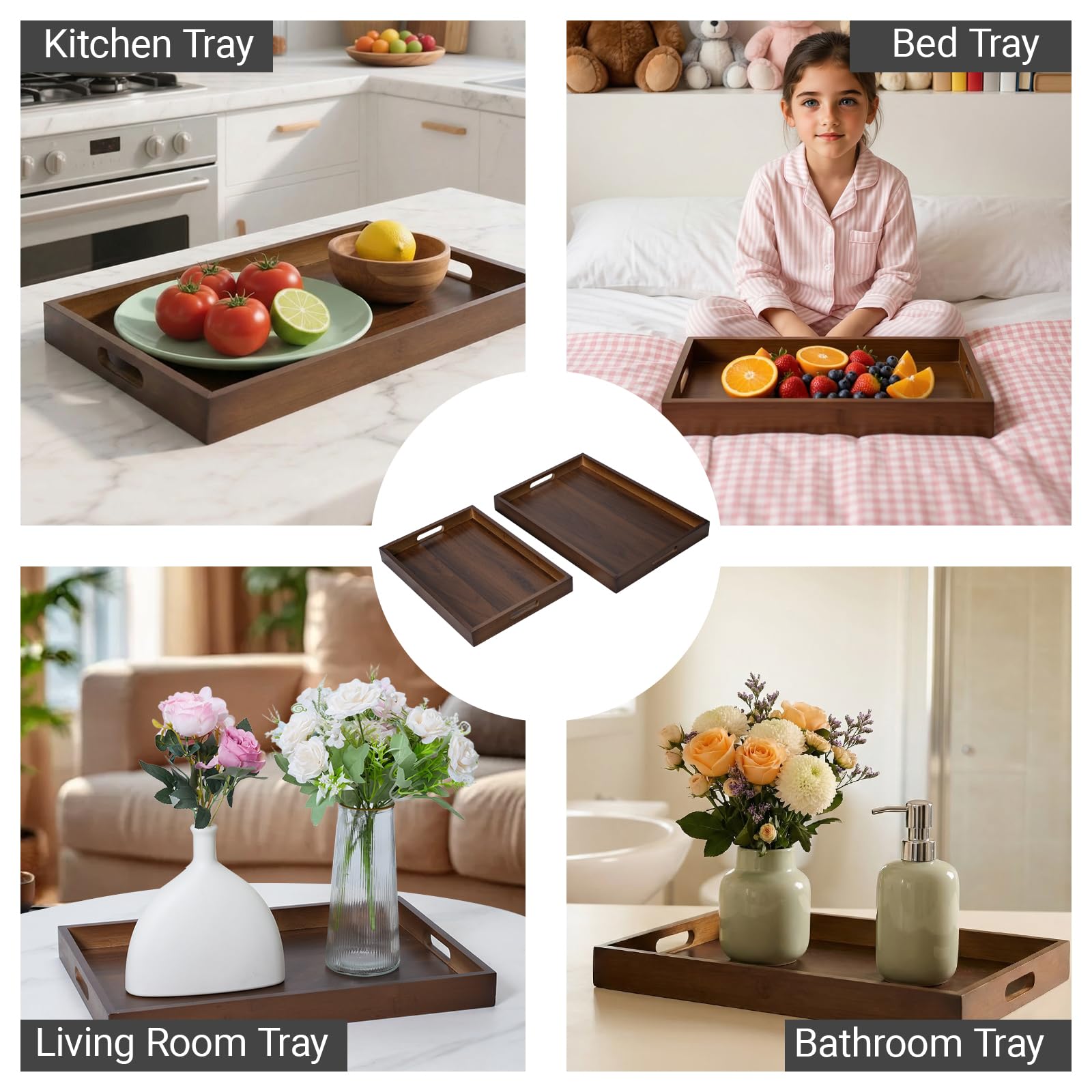Bandeja grande de madera de bambú con asa, rectangular de madera maciza natural, color nogal negro. Adecuado para almuerzo, cena, café, bares de fiesta. (14.9 x 10.2 x 1.57 pulgadas)