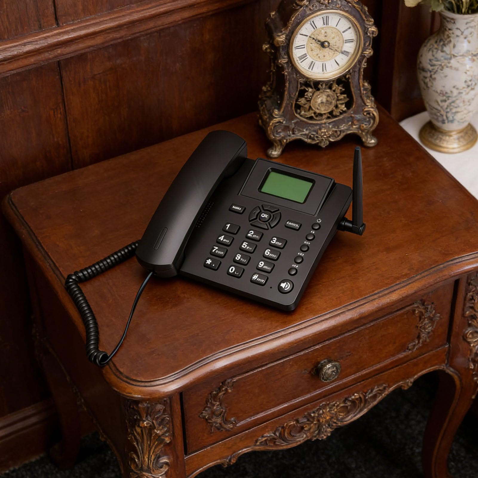 XUMIUZIY Teléfono de Escritorio Clásico Inalámbrico Cuatribanda gsm, Tarjeta SIM Dual, Soporte Red 2G, Teléfono Inalámbrico Fijo con Antena, Radio, Despertador, Manos Libres, para