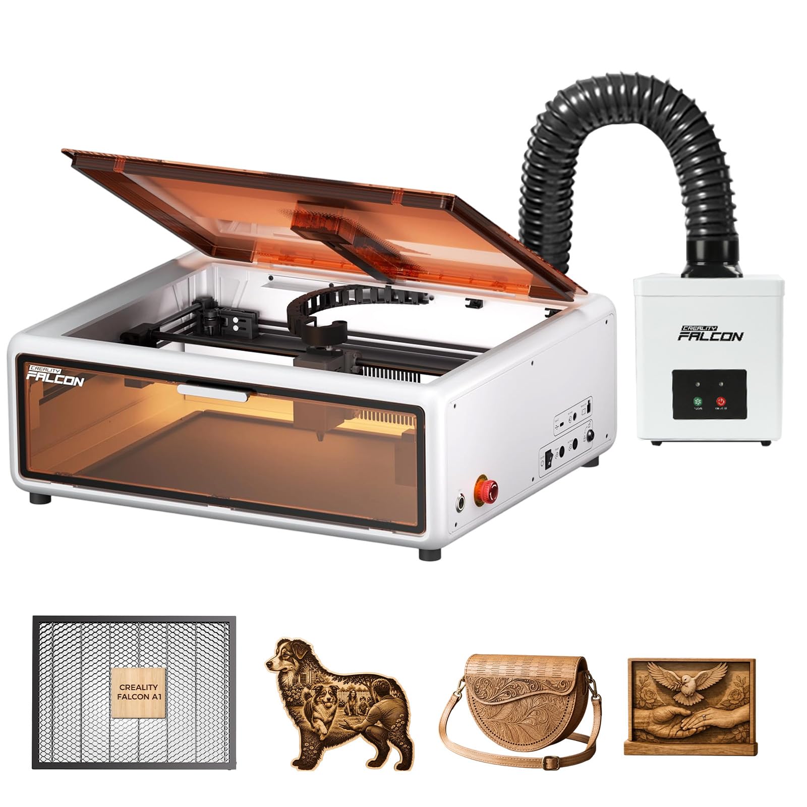 Creality Falcon A1 10W Incisore Laser Bianco Kit Completo con Piano a Nido d'Ape ed Estrattore di Fumi YW45, Fotocamera HD, Riconoscimento Materiali, CoreXY 600 mm/s, Area 381 × 305 mm