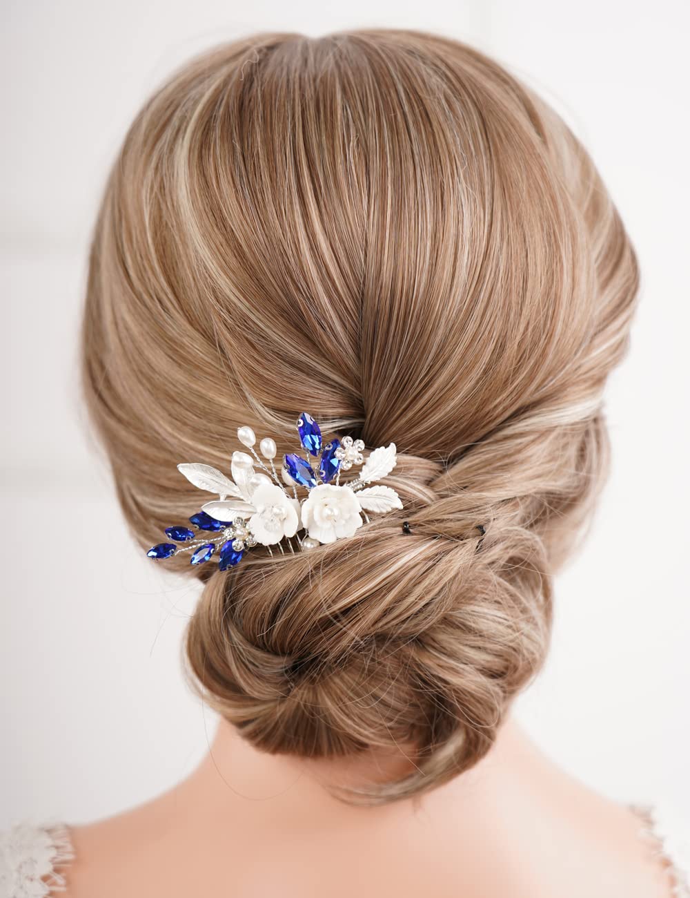 Missgrace Bridal Hair Accessories: Crystal Pearl Leaf Rhinestone Hair Comb with Flowers for Brides and Weddings (Silver Blue)