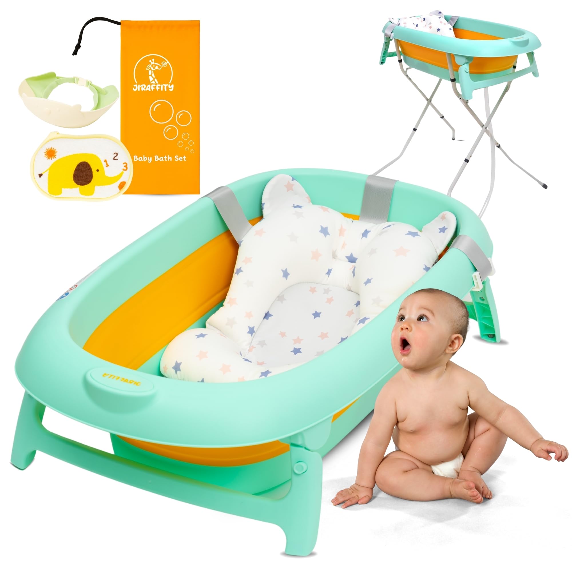 Vaschetta bagnetto neonato pieghevole con supporto – vasca pieghevole per neonati 0–3 anni con cuscino ergonomico, tappo termosensibile e accessori – facile da trasportare e riporre