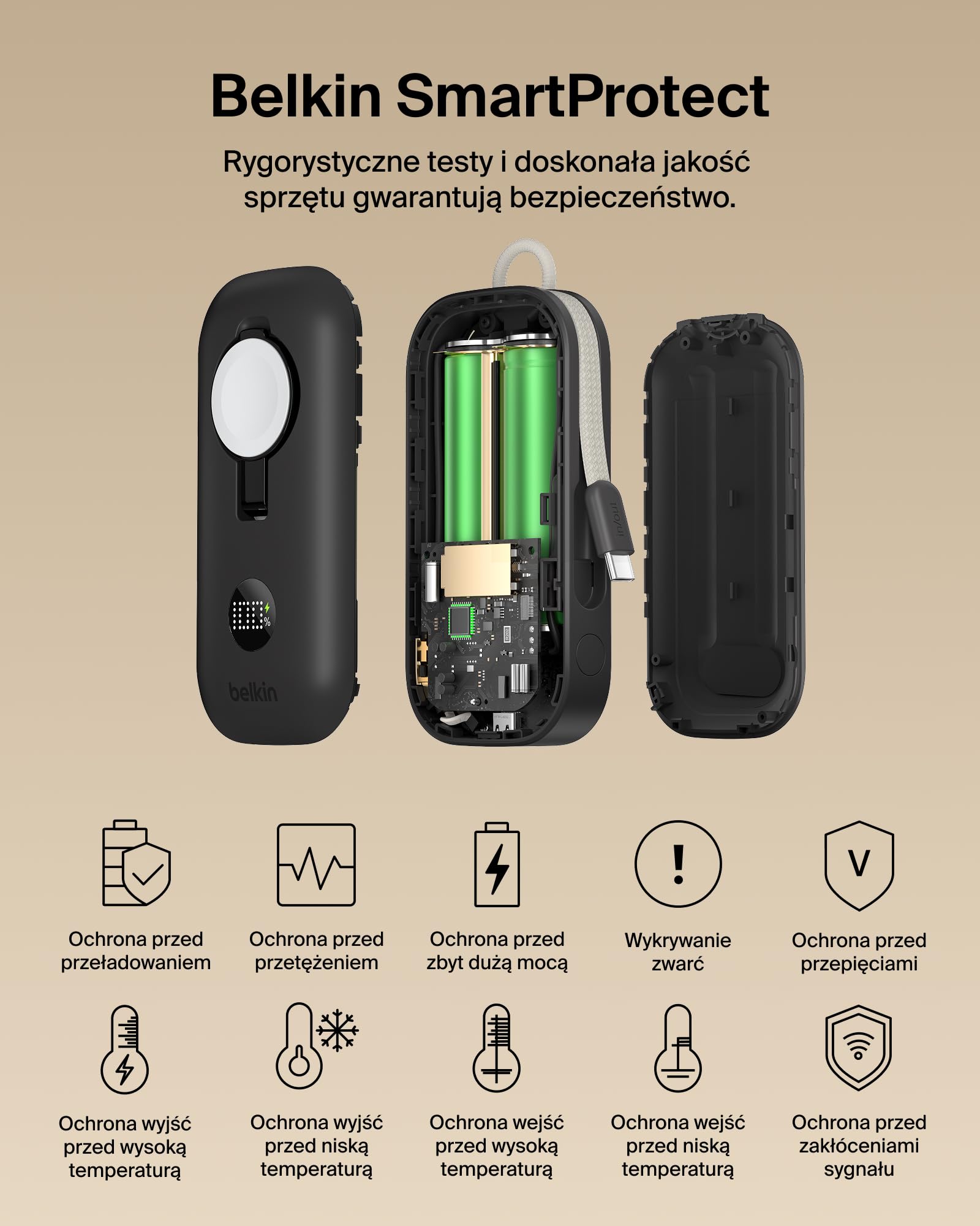 Belkin BoostCharge Pro Powerbank 10000mAh z Ładowarką do Zegarka Apple Watch, Przenośna Ładowarka z Wbudowanym Kablem USB-C w Oplocie i Wyświetlaczem Cyfrowym, 45 W, do Ładowania 3 Urządzeń – Czarny