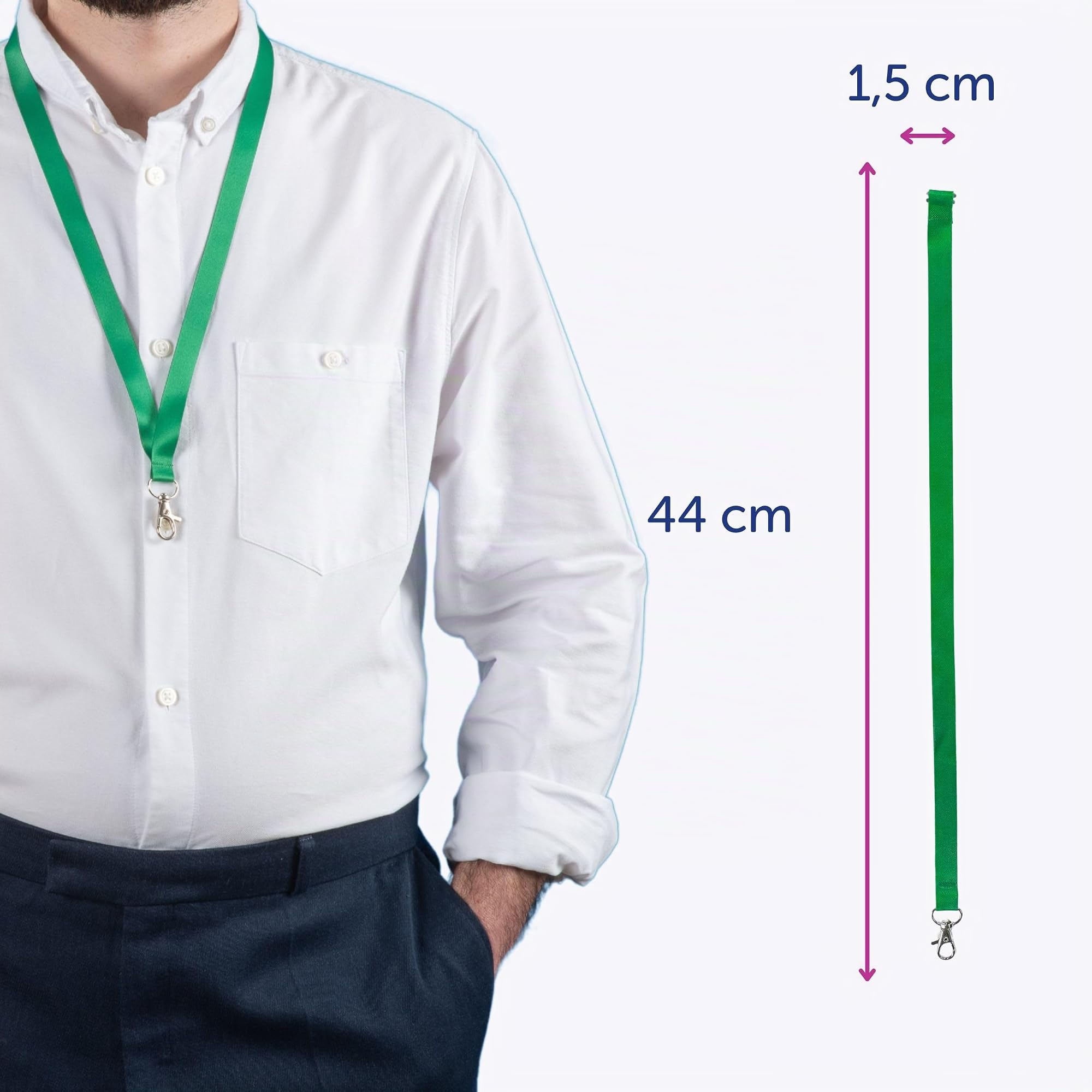 Avery – Lot de 10 tours de cou vert fabriqué à partir de plastique reconditionnés avec mousqueton en métal 44 x 1,5 cm – tours de cou en polyester satiné fabriqué à partir de plastique reconditionné