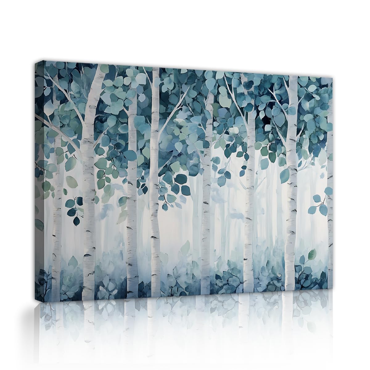 CHERHERART Dekoracje ścienne Zimowe drzewa wydruki na płótnie Cichy minimalistyczny obraz ścienny do biura niebieski biały brzozowy las plakat 80 x 130 cm ramka wewnętrzna