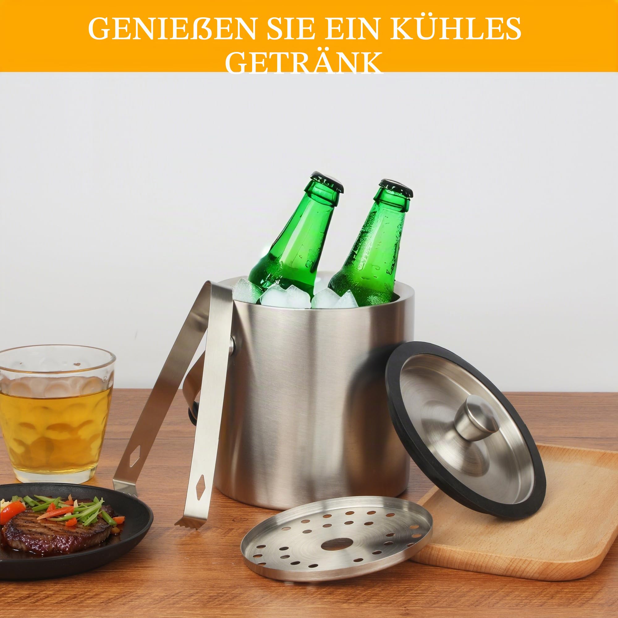 1.6 L Eisbehälter, Eisbehälter aus Edelstahl 1.6 L, Edelstahl-Eiskübel, doppelwandig, doppelwandiger isolierter Eisbehälter für Eiswürfel, ideal zum Kühlen von Bier, Champagner, Wein und Obst (1.6L)