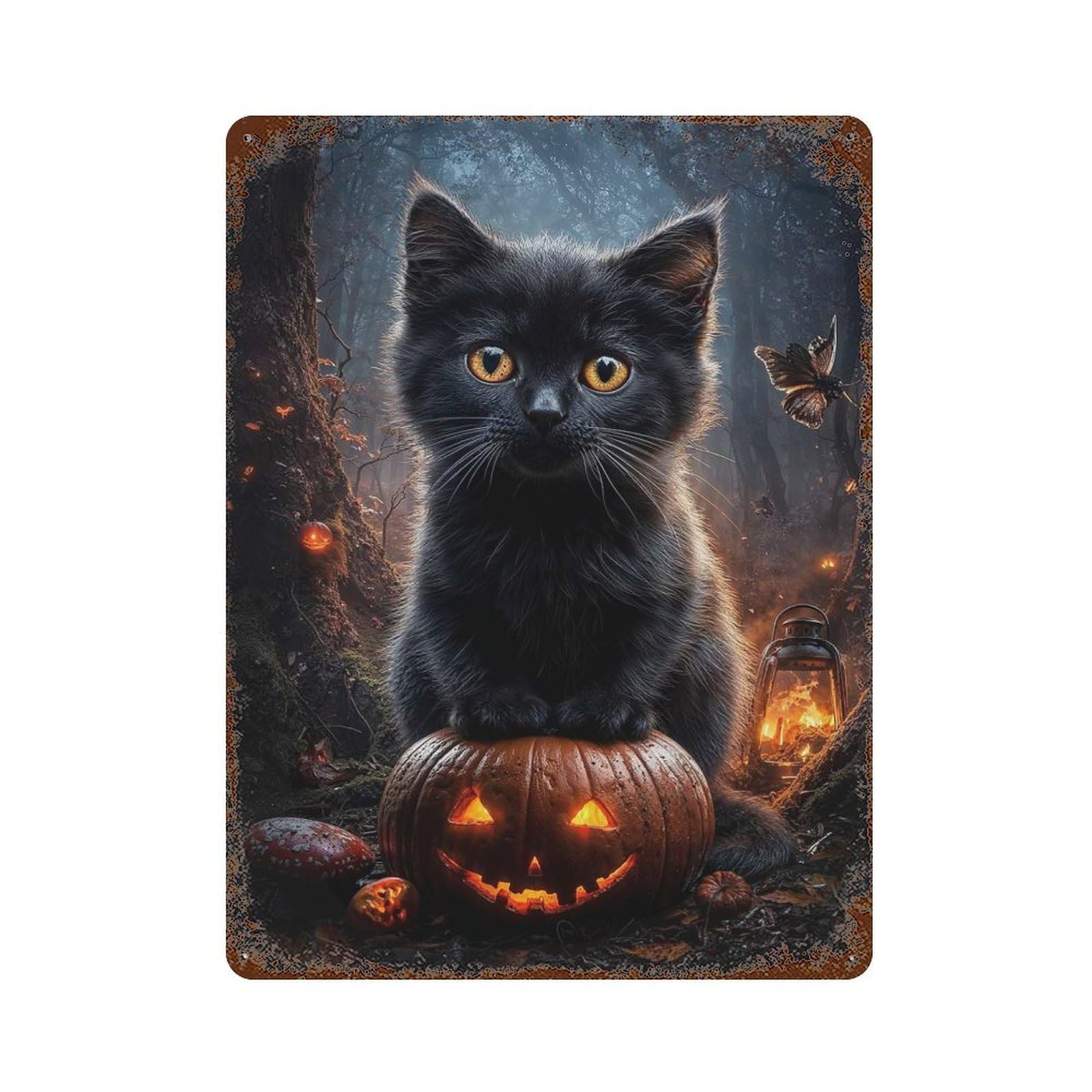 Black Cat on Jack-o-Lantern Rust Effect Tin Sign 15.7"x11.8", Novelty Wall Decor for Garage, Pub Or Kitchen