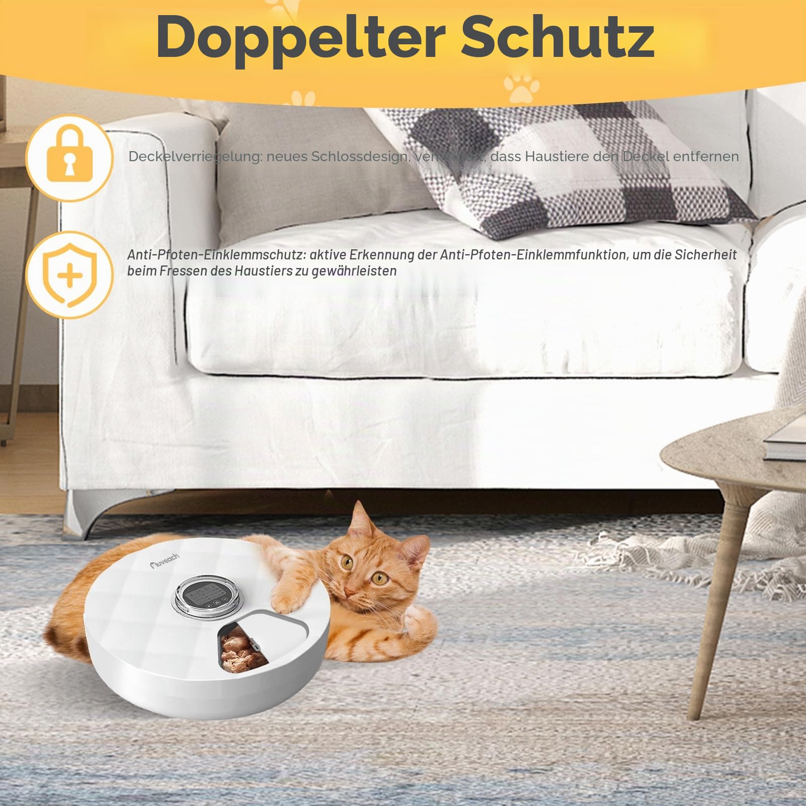 Futterautomat Katze Nassfutter Automat mit 2 Kühlakkus/Programmierbarem Timer, 6 Mahlzeiten Automatischer Futterspender Kabellos Batteriebetrieben für Haustier Katzen Hunde
