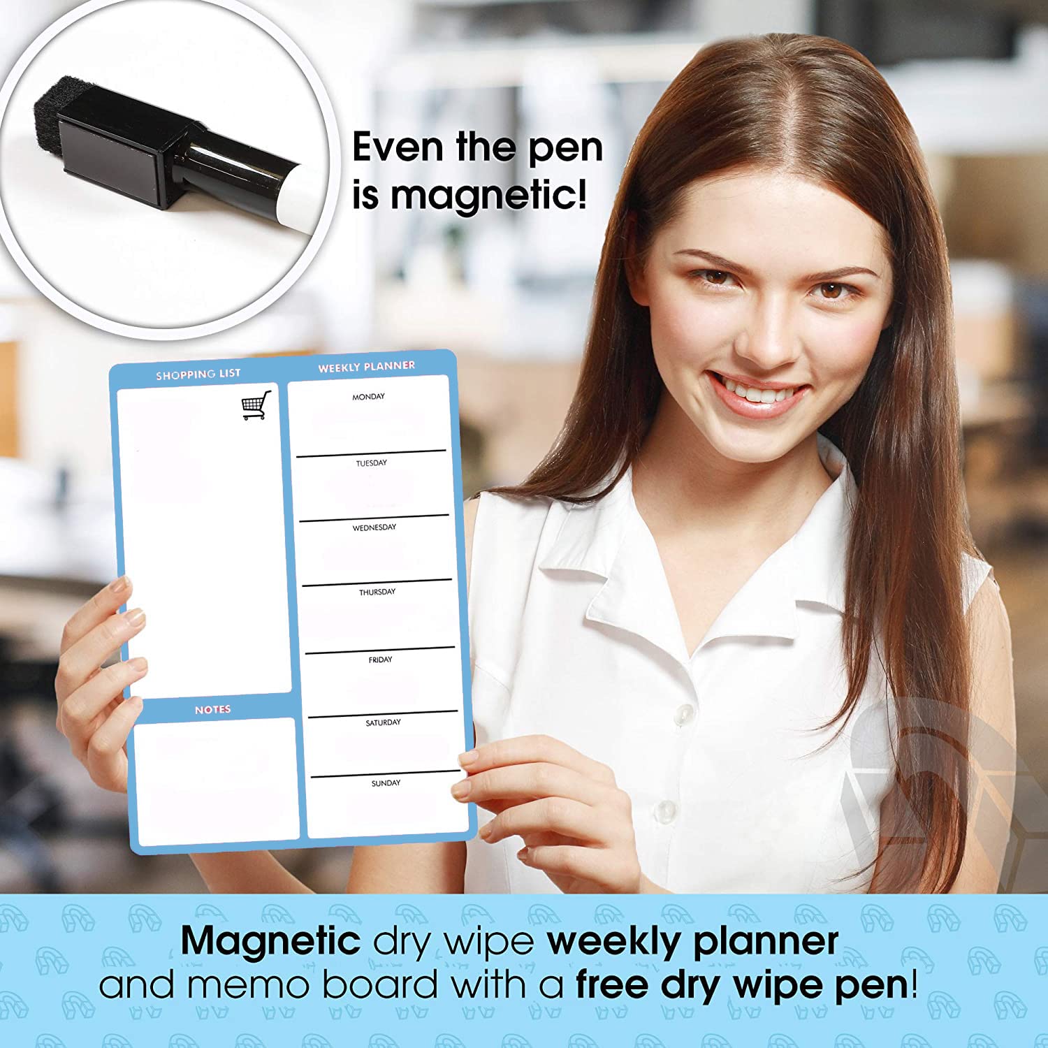 TMS Blue Weekly Planner and Dry Wipe Pen, Meal Planner and