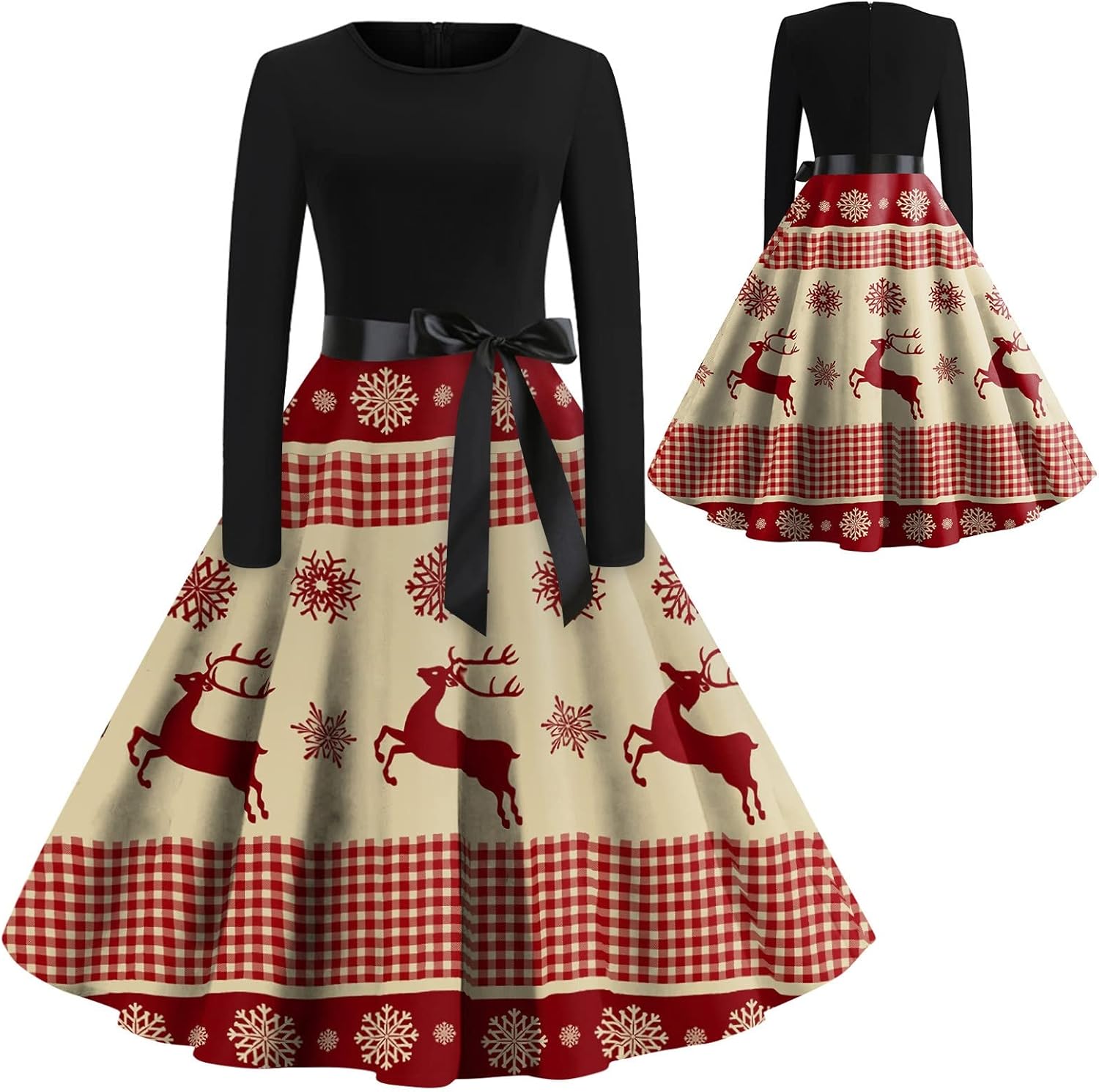 JJHAEVDY Women's Christmas Print Flare Dress 1950s Retro Vintage Cocktail Party Long Sleeve Swing Dress : Sports & Outdoors