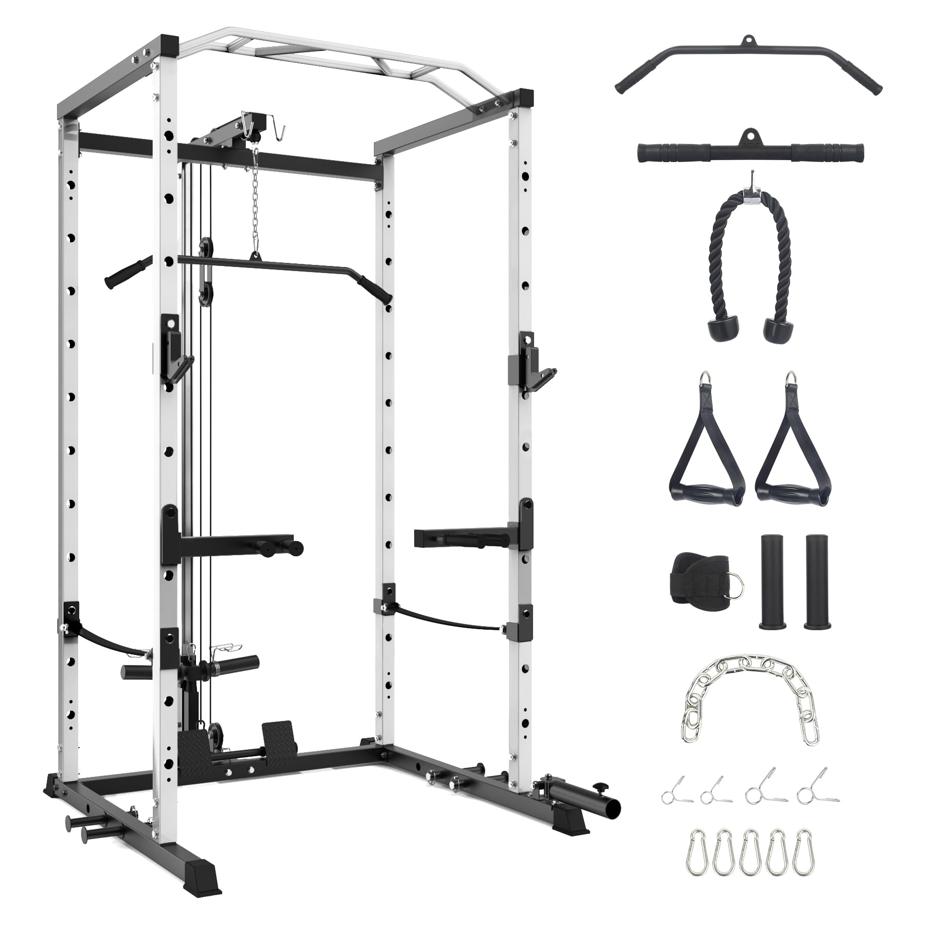 Power Cage with LAT Pulldown, Multi-Functional Power Rack with Cable Pulley System and J-Hooks, Squat Rack with Dip Bars and Landmine Attachment, Weight Cage for Home Gym Equipment