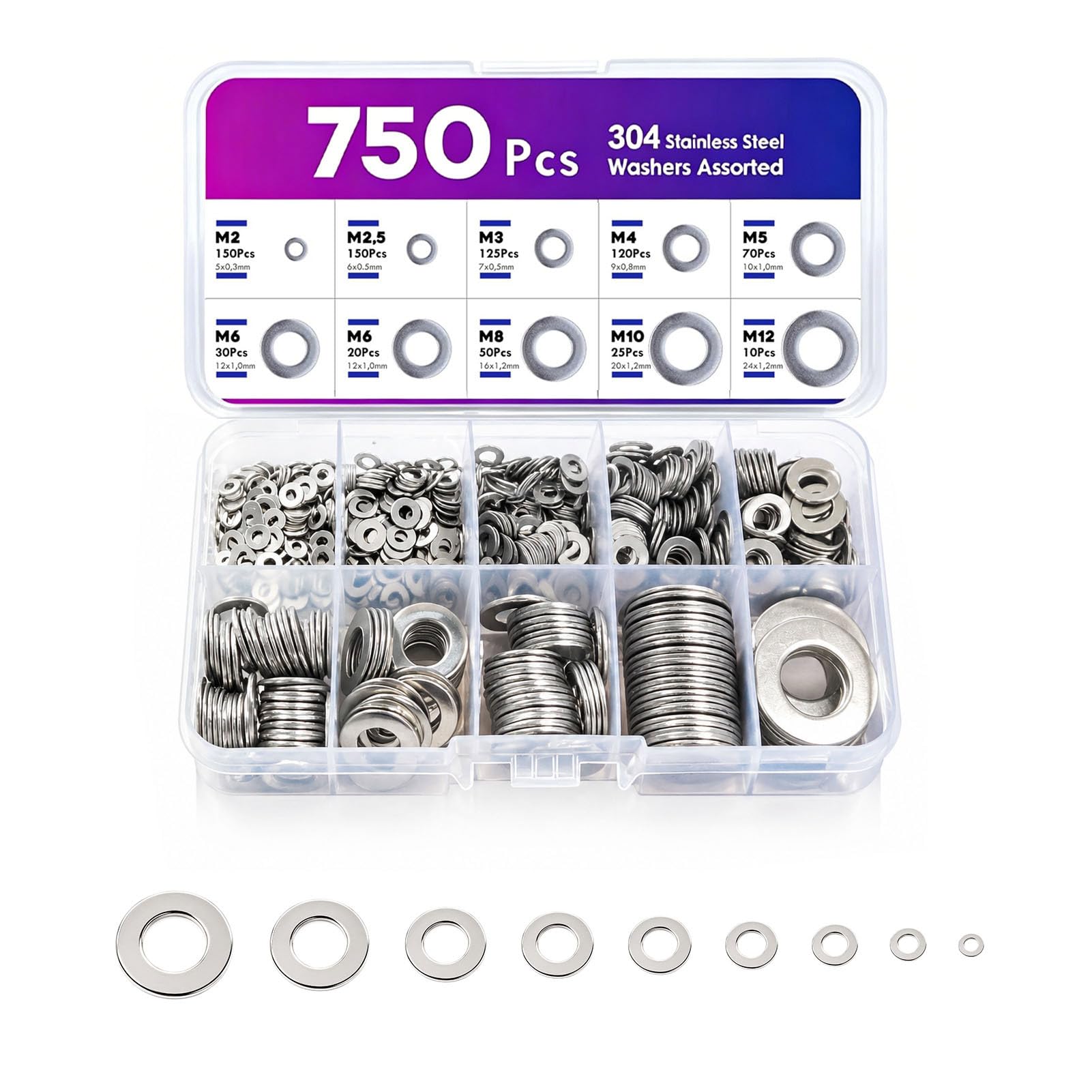 750 PCS Washers for Screws, Stainless Steel Metal Washers Assortment, 9 Sizes M2 M2.5 M3 M4 M5 M6 M8 M10 M12, Washers for Bolts, Flat Washers for Repair, Automotive and DIY Use