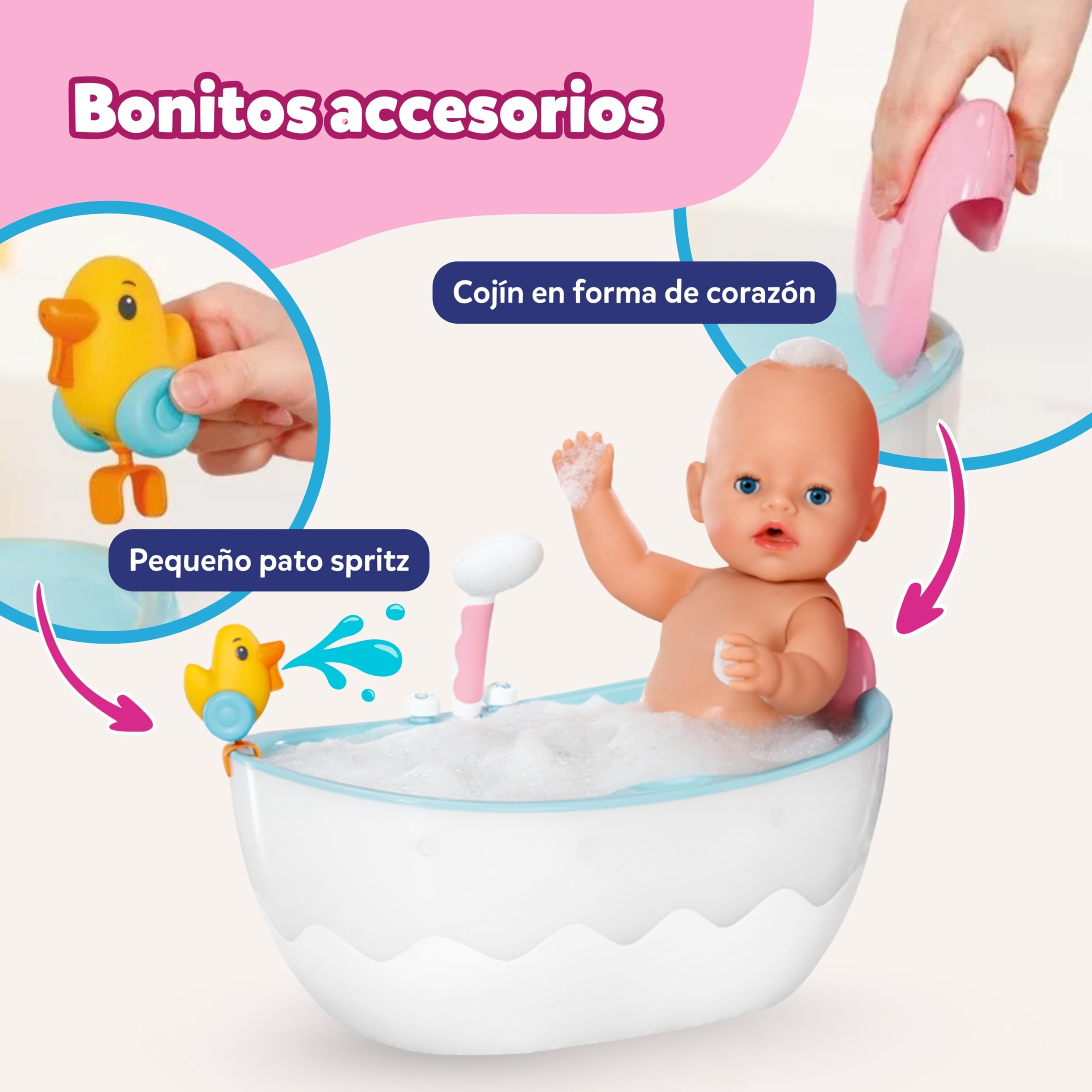 Bañera BABY born con Cambio de Color - función de Ducha y Sonido - Accesorios muñecas de 36 y 43 cm - Funciona también con Agua Real
