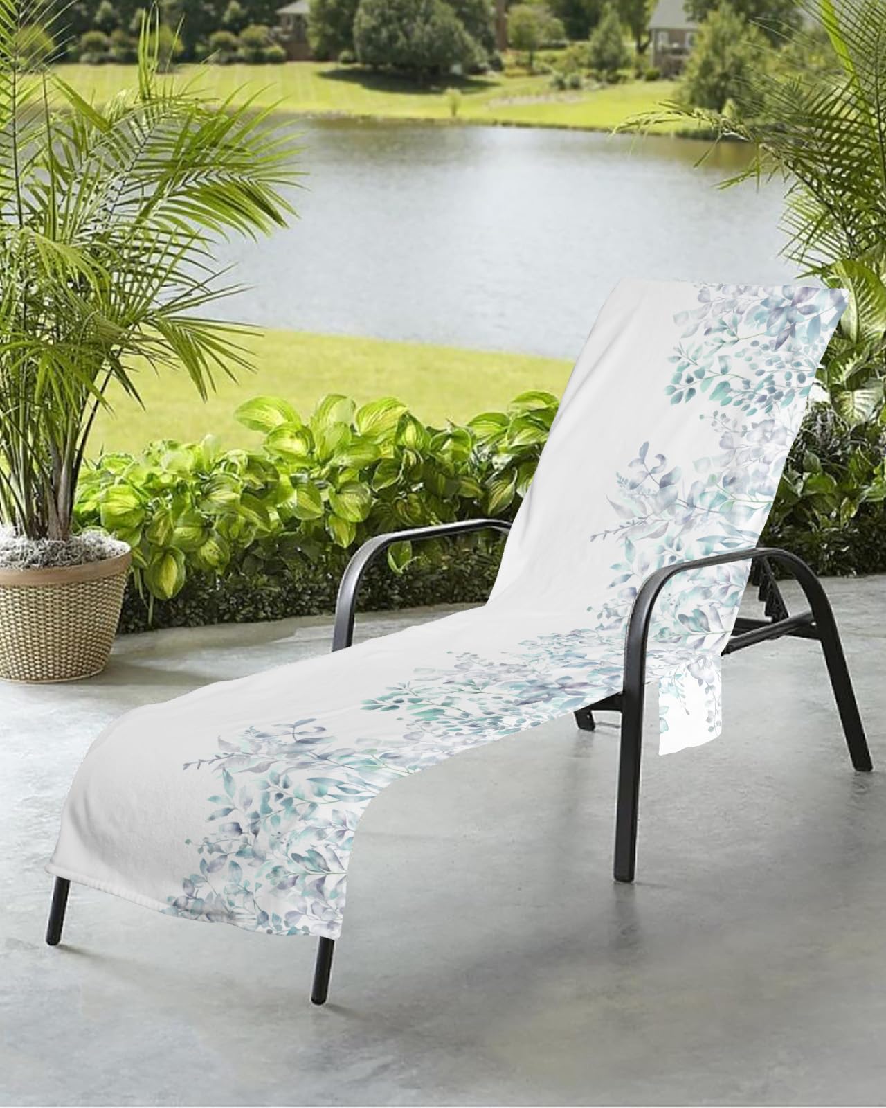 Beach Pool Patio Lounge Chaise Chair Cover Towel with Pockets,Botanical Eucalyptus Absorbent & Quick Dry Microfiber Towel Cover Bag Summer Travel Accessories Floral Leaves Gradient Teal Modern White
