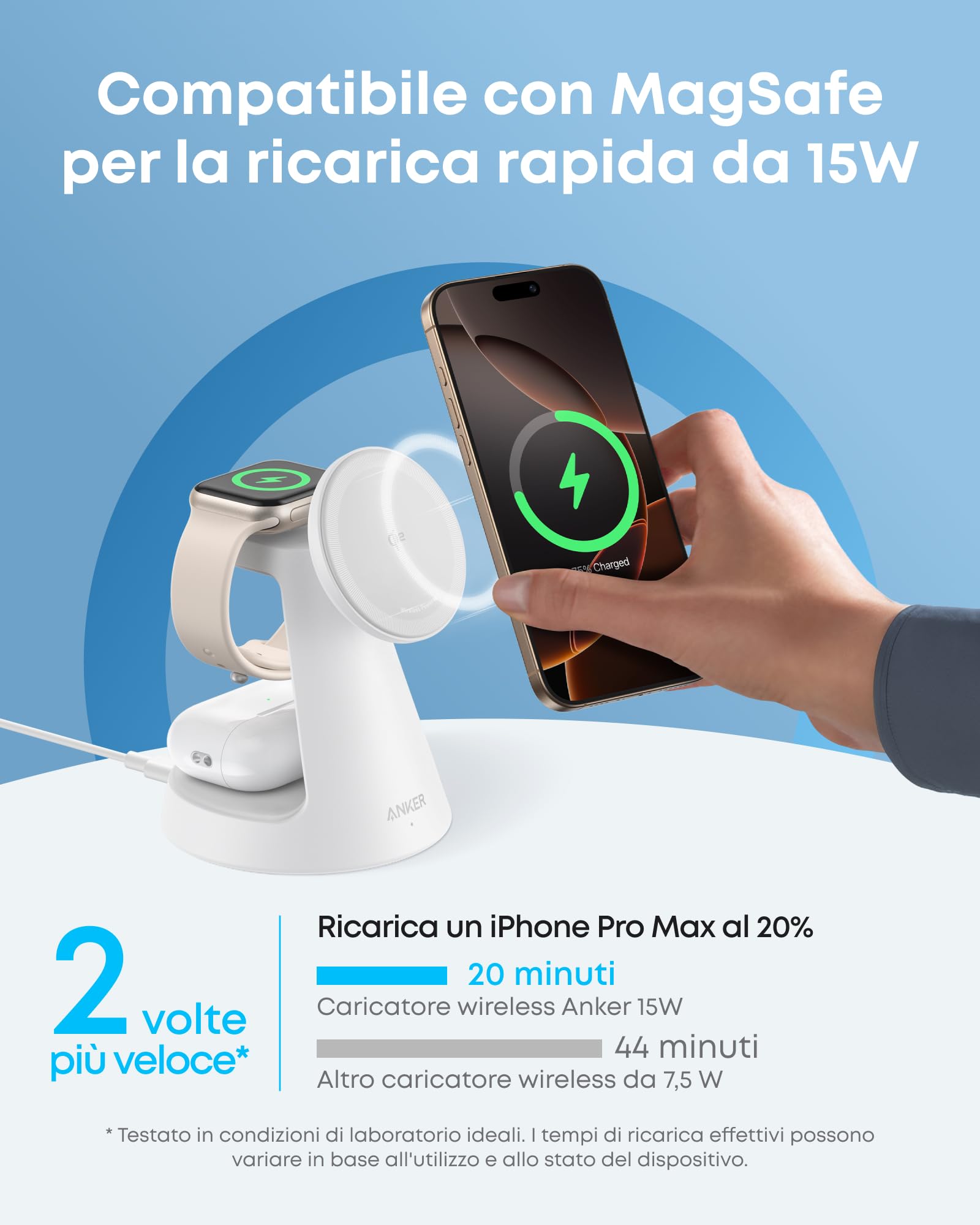 Anker MagGo Caricatore Wireless iPhone Magnetico 15W (Dock Stand), Caricatore Compatibile con MagSafe 3 in 1 Certificato Qi2, per iPhone 17/16/15, Apple Watch, AirPods Pro e altro (Adattatore Incluso)