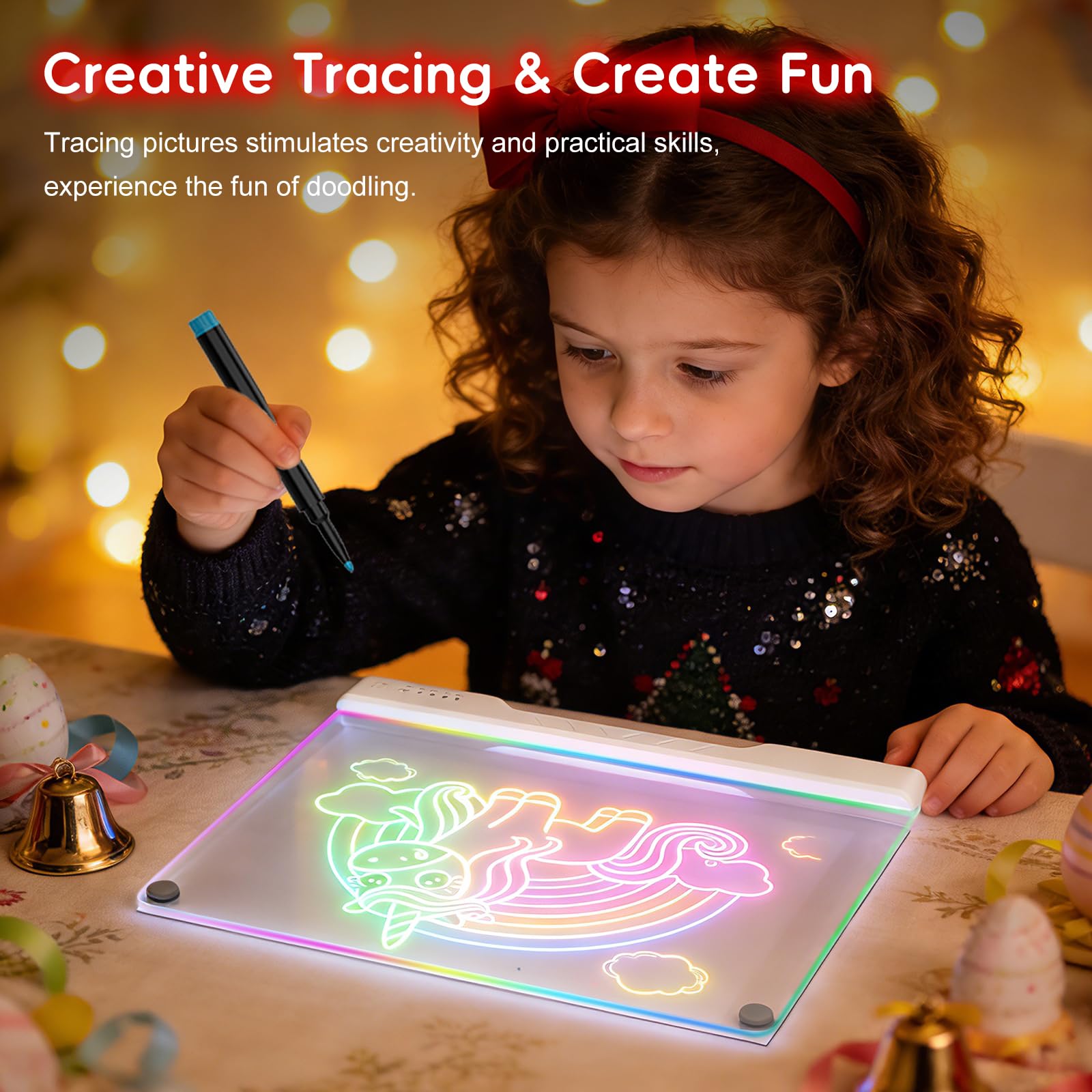 Tabla de Dibujo LED 16 Pulgadas Recargable con 7 Colores y Brillo Ajustable, Pizarra Neon Art