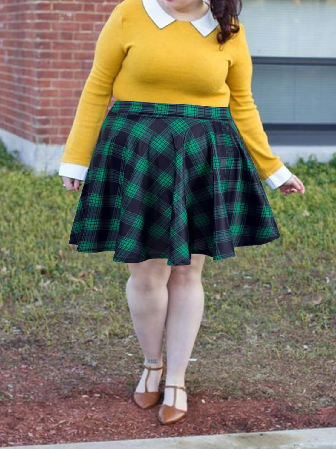 Plaid Pleated Plus Size Plaid Skirt Green Women's Plus Size Mini