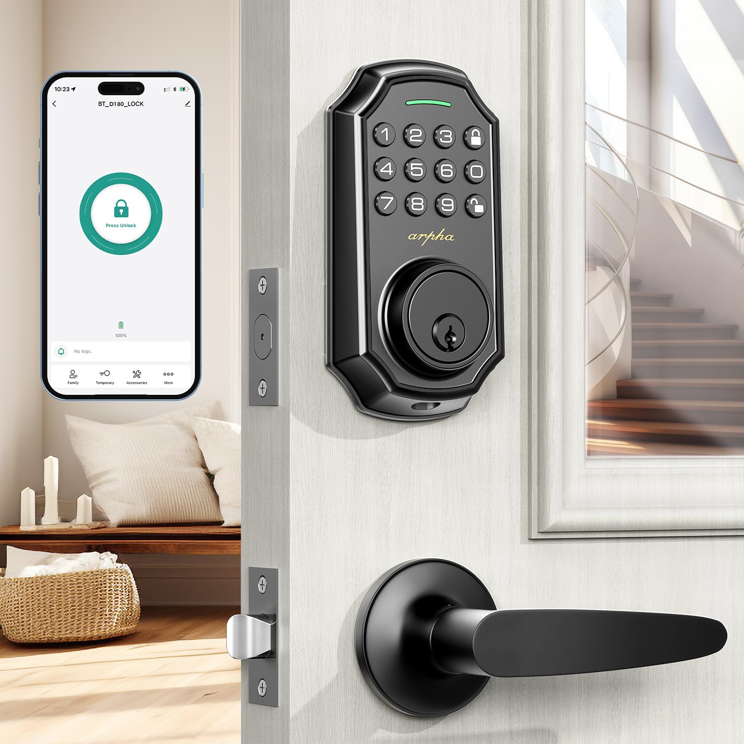 Keyless Entry Door Lock with 2 Handle Set - App Control Electronic Keypad Door Lock - 100 Code Keypad Door Lock with Handle - Front Door Lock Set - One Time Code - Auto Lock Easy Installation
