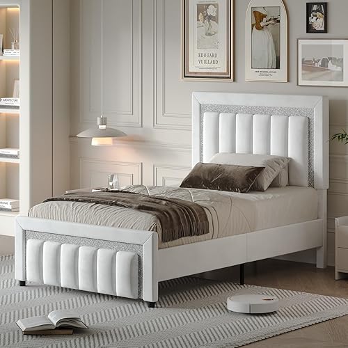 Miniatura 7 de HOMBCK - Bases de cama tamaño individual con cabecero y estribo, base de cama plataforma tapizada con diseño de diamante, bases de cama tamaño