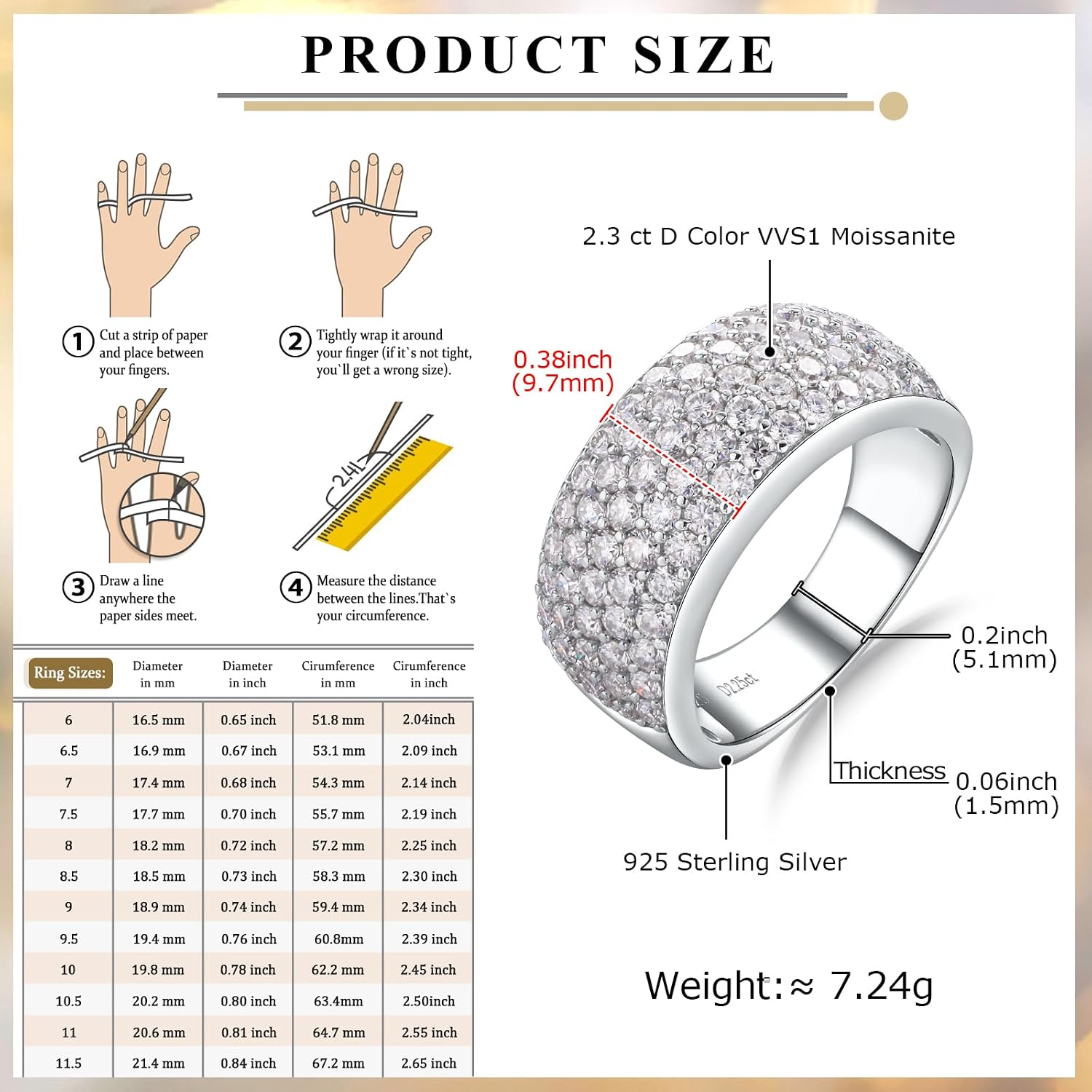 925 Sterling Silver 1.8-5.1 Carat Moissanite Wedding Band for Men Women
