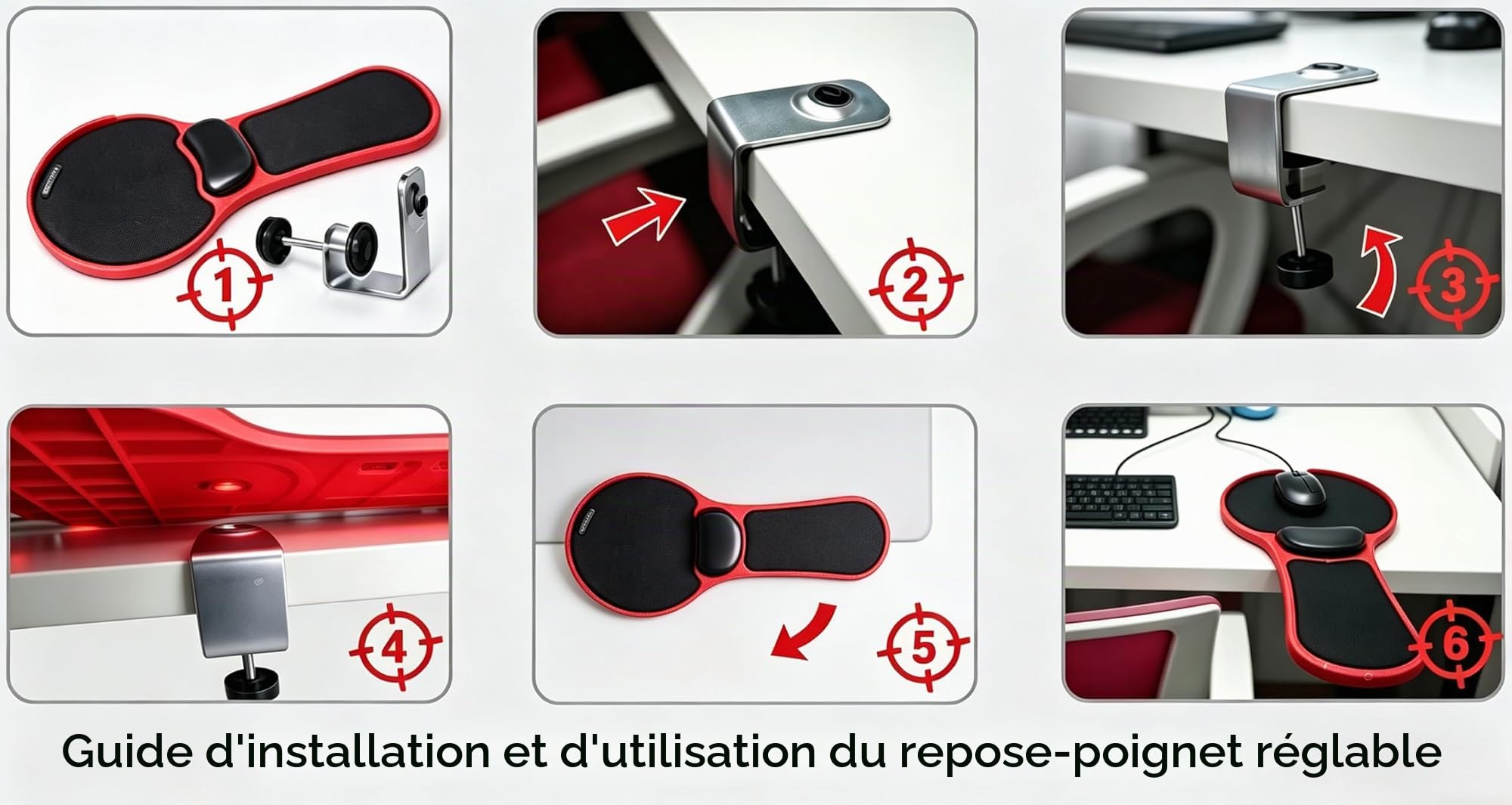 Xichen® Repose-poignet et avant bras ergonomique réglable pour bureau et chaise, tapis de souris noir