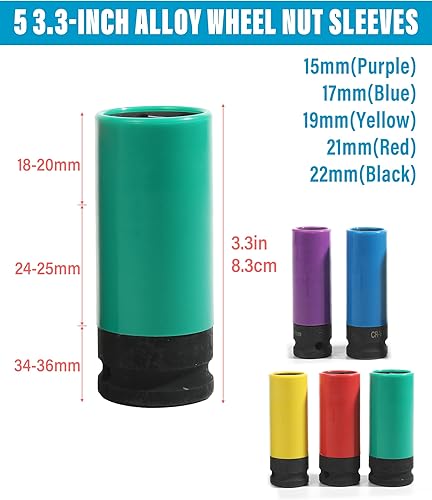 Miniatura 2 de Zlirfy Juego de 5 llaves de tuerca de impacto de 1/2 pulgada, accesorios de automóvil de 15 17 19 21 0.866 in, protector de rueda de pared delgada