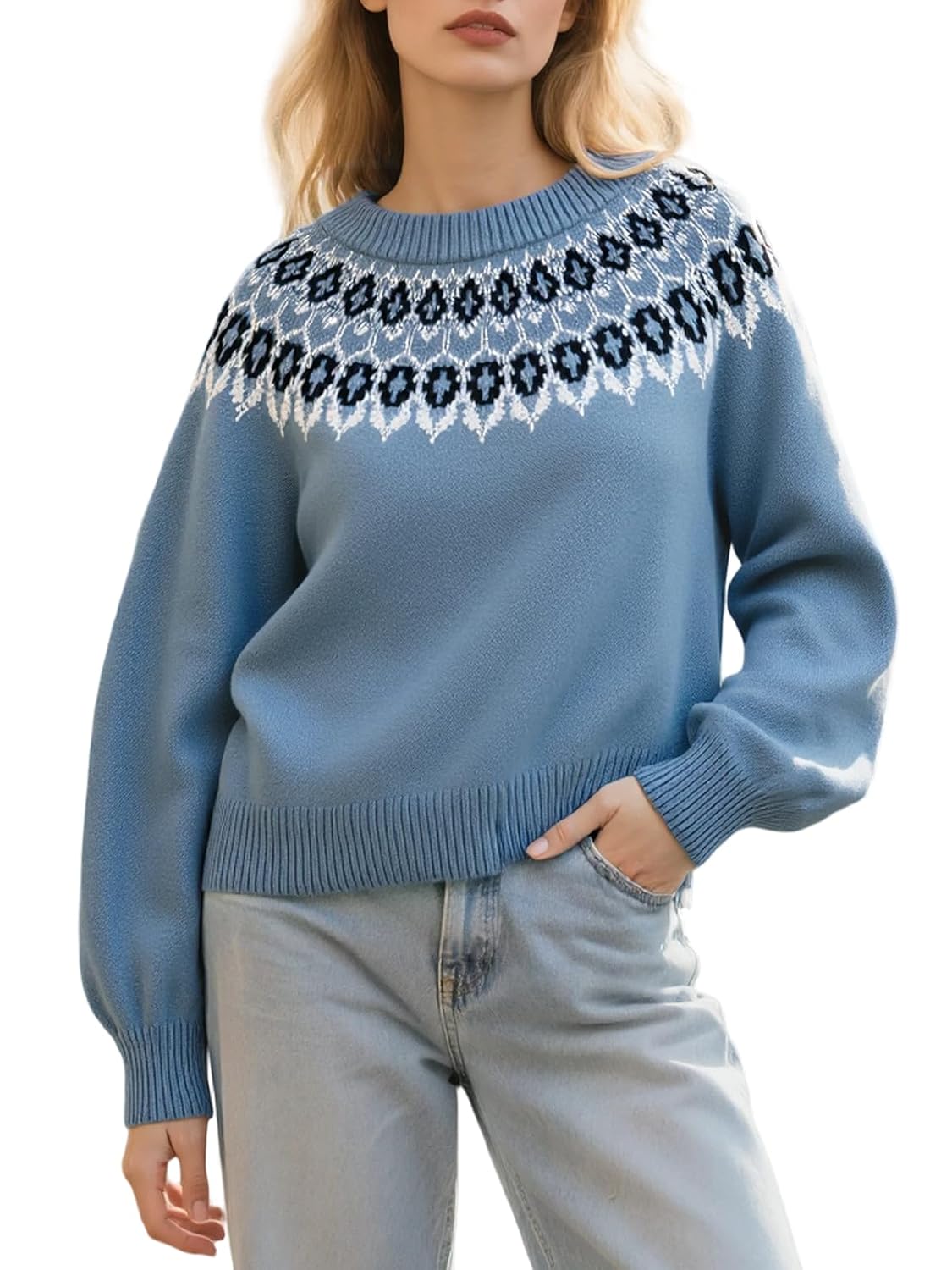 Womens Vintage Fair Isle Knit Sweater 2025 Fall Long Sleeve Crewneck Lightweight Pullover Top Sweaters