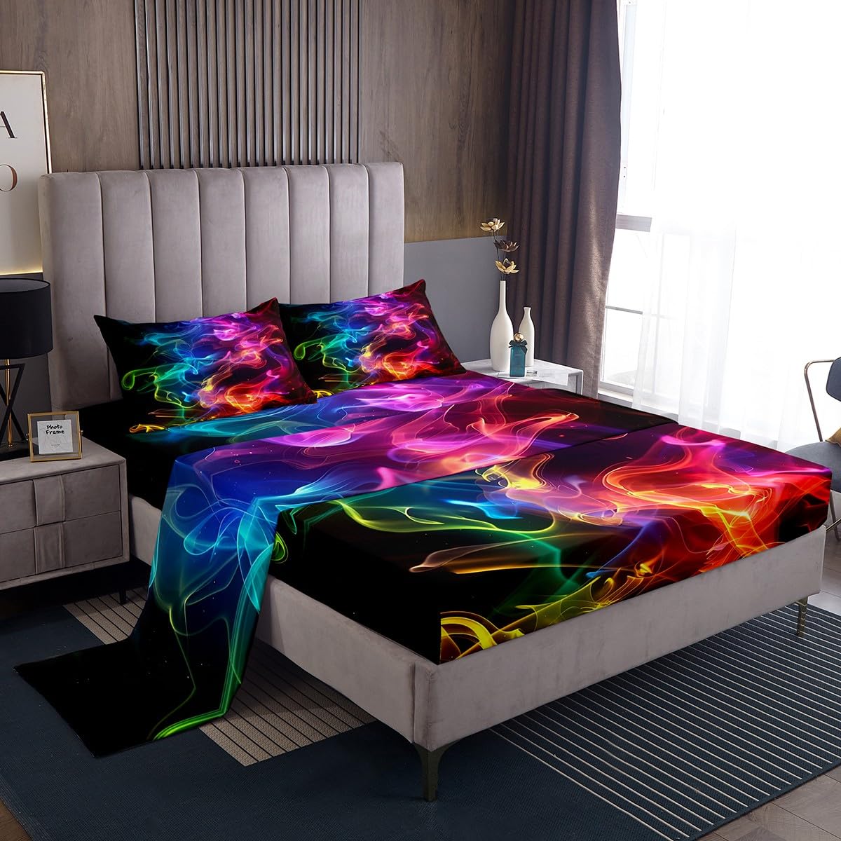 Manfei Colorful Mist Sheet Set Neon Light Smoke Bedding Set Abstract Mist Lines Bed Sheets Teens Room Decor