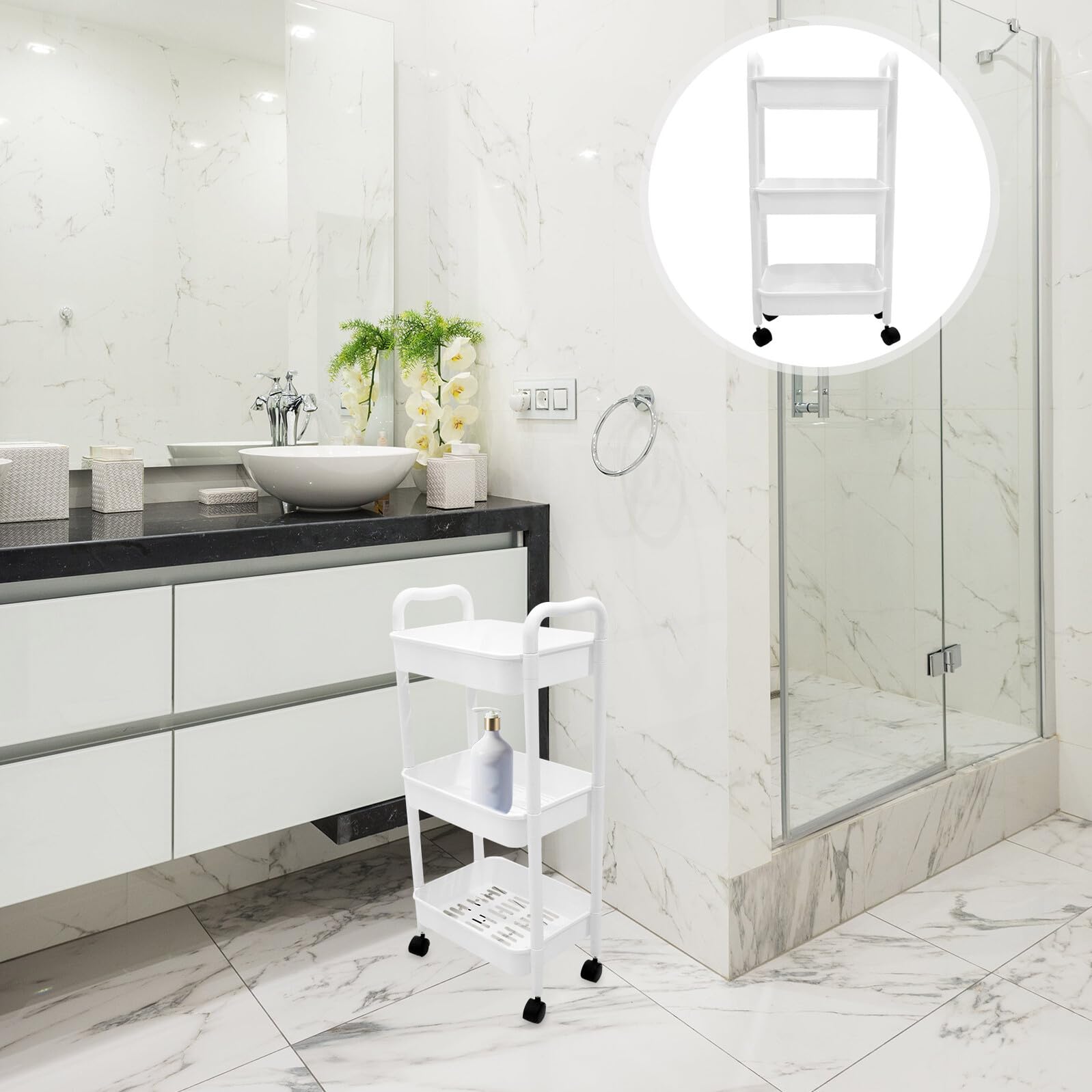 Yardenfun Carrello Portaoggetti Multiuso Design Robusto e Semplice a 3 Livelli Bianco in Pp con Ruote Scaffale Salvaspazio Mobile per Bagno e Ufficio