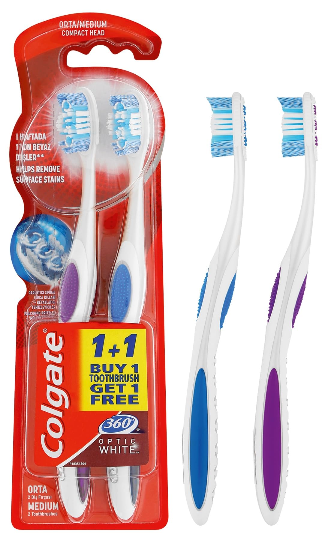 Colgate 360 Optik Beyaz Dil ve Yanak Temizleyicili Orta Beyazlatıcı Diş Fırçası 1+1