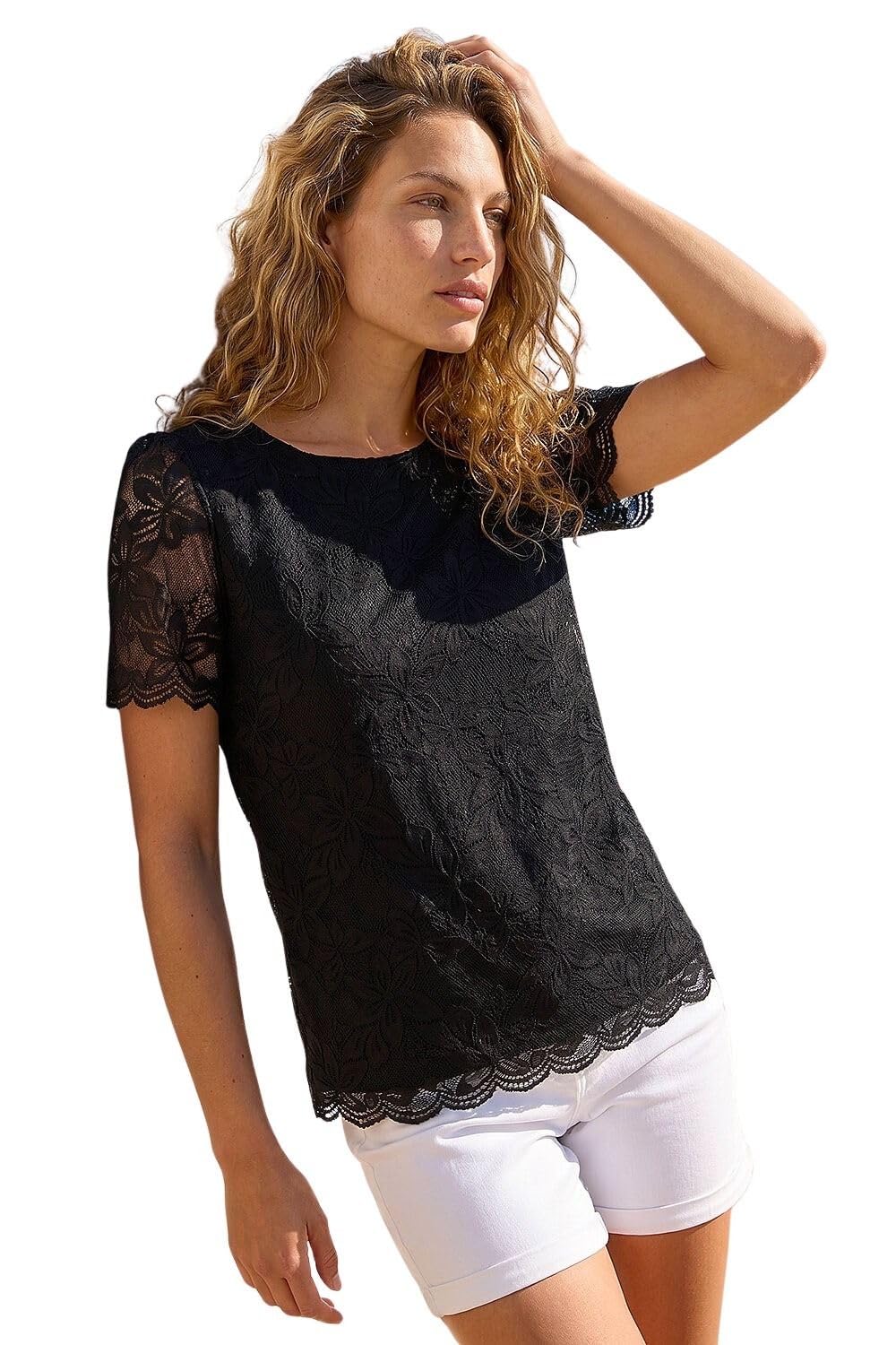 Roman Women's Black Floral Stretch Lace Top In | : Size 20