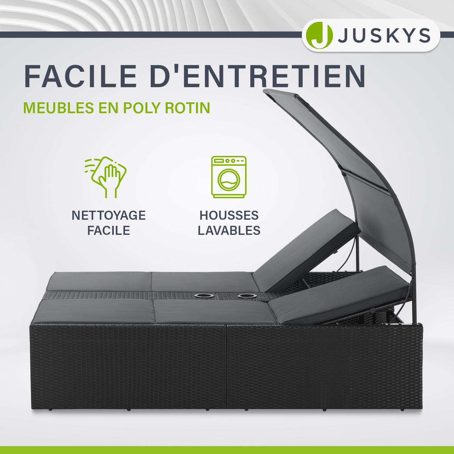 Juskys Chaise Longue Double en polyrotin Syros - Transat de Jardin pour 2 Personnes - Chaise d'extérieur avec auvent et Coussins - Appuie-tête réglable - Noir