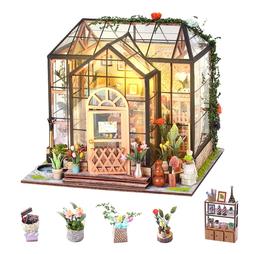 DIY Dollhouse Miniature Kit 1:24 Scale Model With Furniture LED Lights Wooden Puzzle Hands Craft for Adults Teens Kid Birthday Gifts (Glass Flower House)