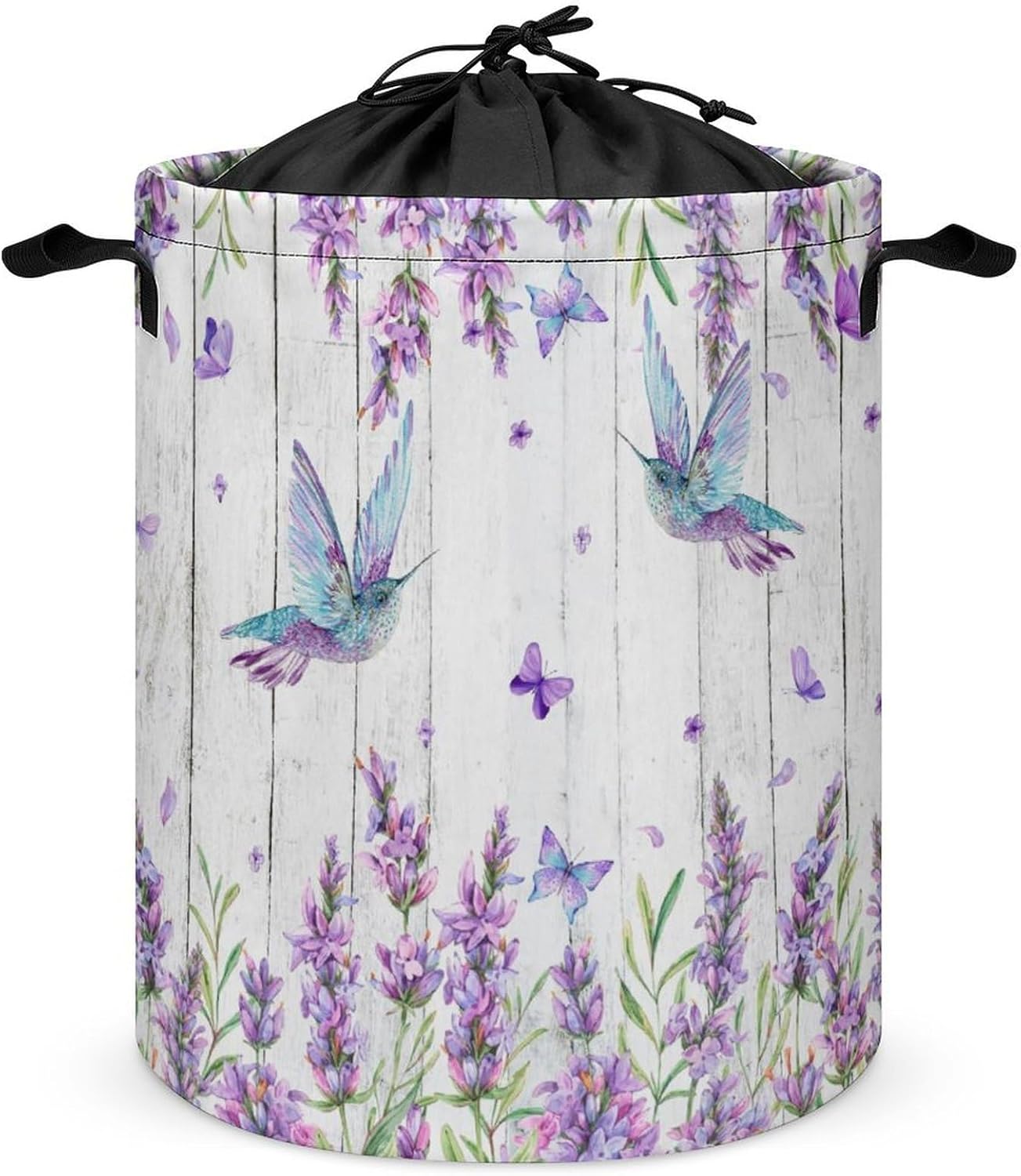 Brebasf Watercolor Farmhouse Hummingbird Lavender Laundry Hamper Storage Basket,Modern Farm Wood Board Spring Floral Butterfly Dirty Clothes Hampers Drawstring Large Volume-13.8"W X 17.3"H
