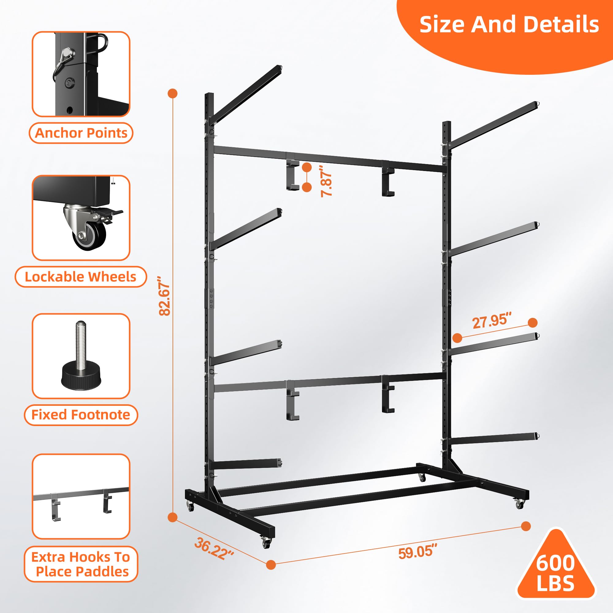 METAN Upgraded Wide Metal Kayak Storage Rack 4 Levels,59’’Wide Freestanding Heavy Duty Adjustable Kayak Stand Indoor Outdoor Storage Rack Garage with Wheels,Black,Assembly Required