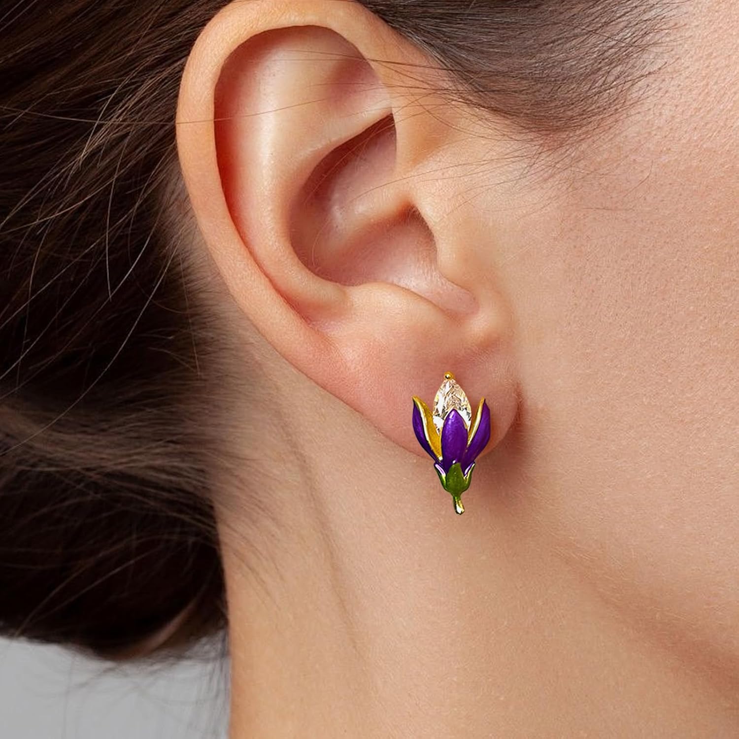 Tulip Enamel Stud Earrings for Women 14K Gold Plated Cubic Zirconia Floral Petite Jewelry Gift - Image 3