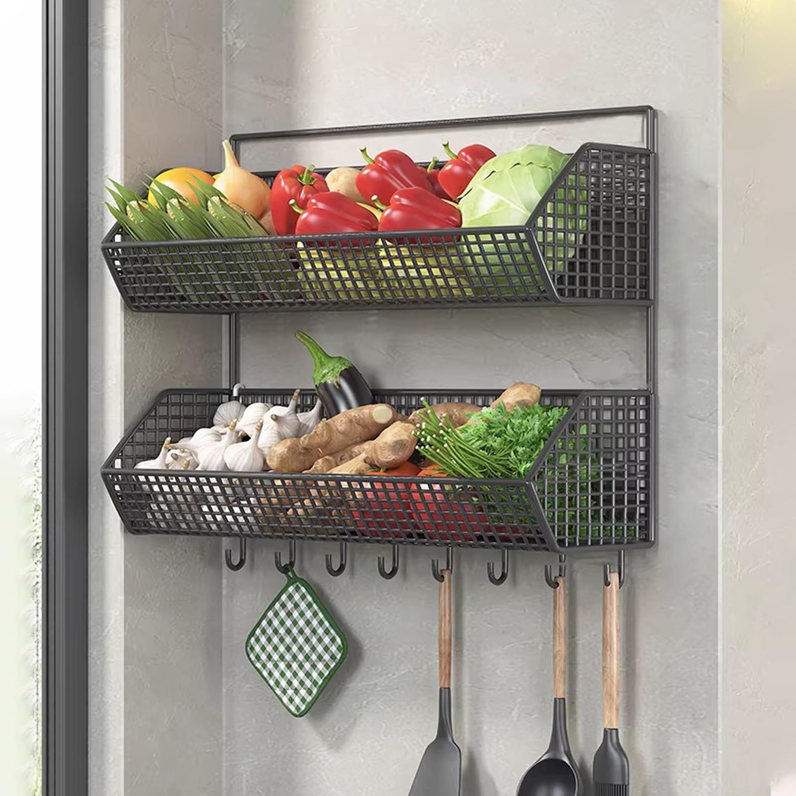 Cestas colgantes para frutas que eliminan el desorden: estantes de pared apilables de cocina