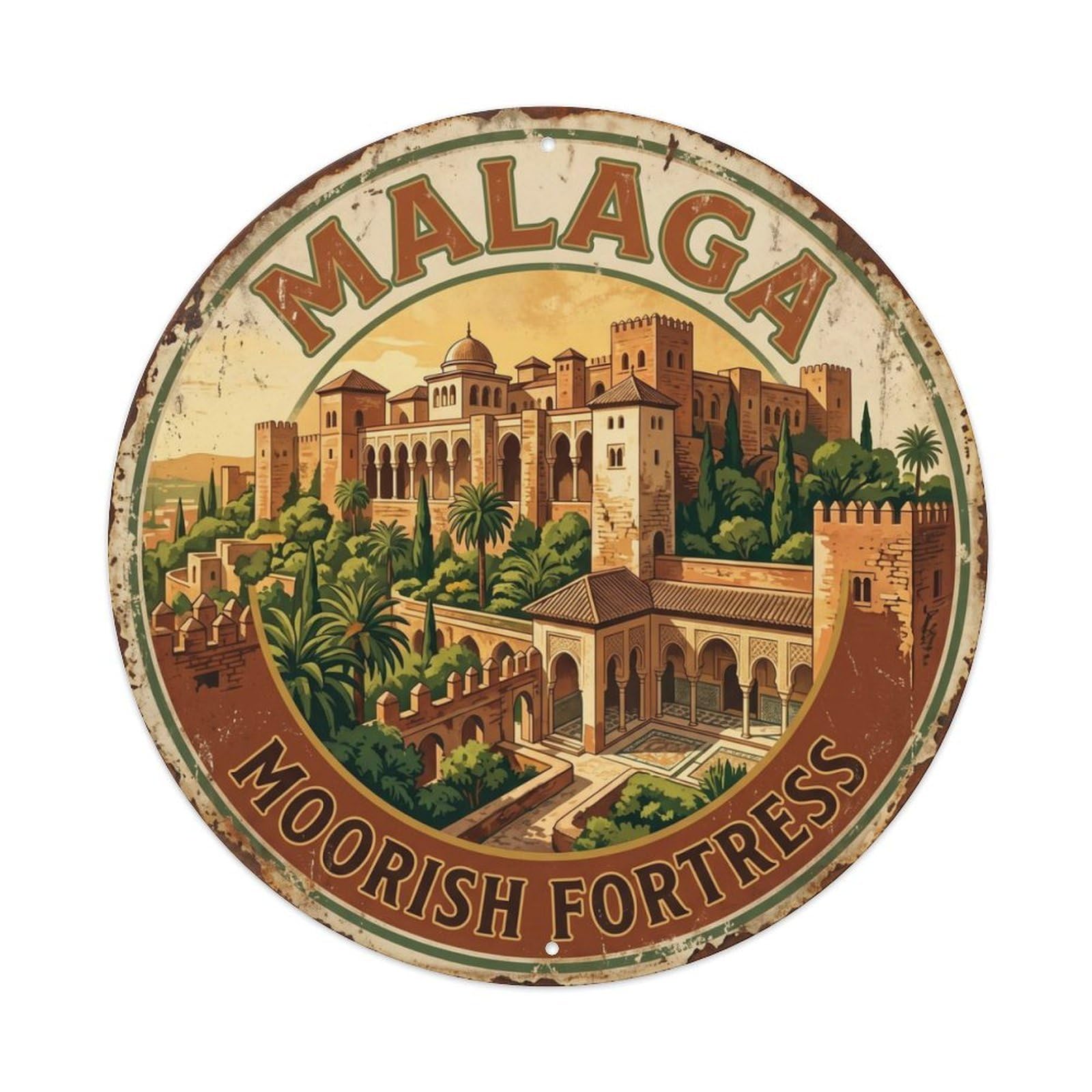 Vintage Travel Malaga Alcazaba Fortress Metal Tin Sign Plaque Wall Decor for Cafe, Club Bar, Office, Home Garden Round Metal Poster 8x8Inch