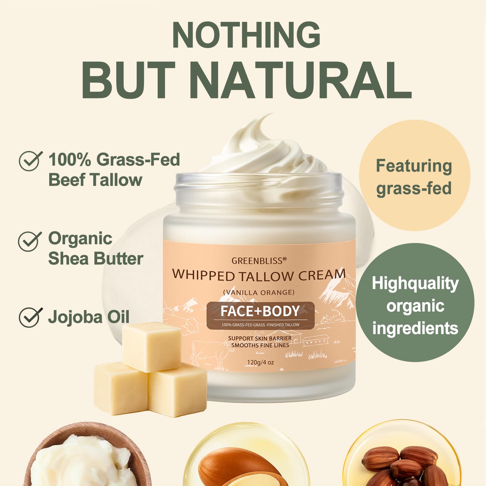 Beef Tallow Skin Care, 100% Organic Grass Fed tallow and honey balm, Face + Body - Image 4