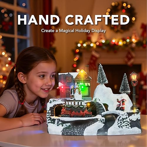 Miniatura 2 de Christmas Village - Escena animada de resina pintada a mano con tren giratorio y Papá Noel, edificio musical coleccionable luces LED coloridas