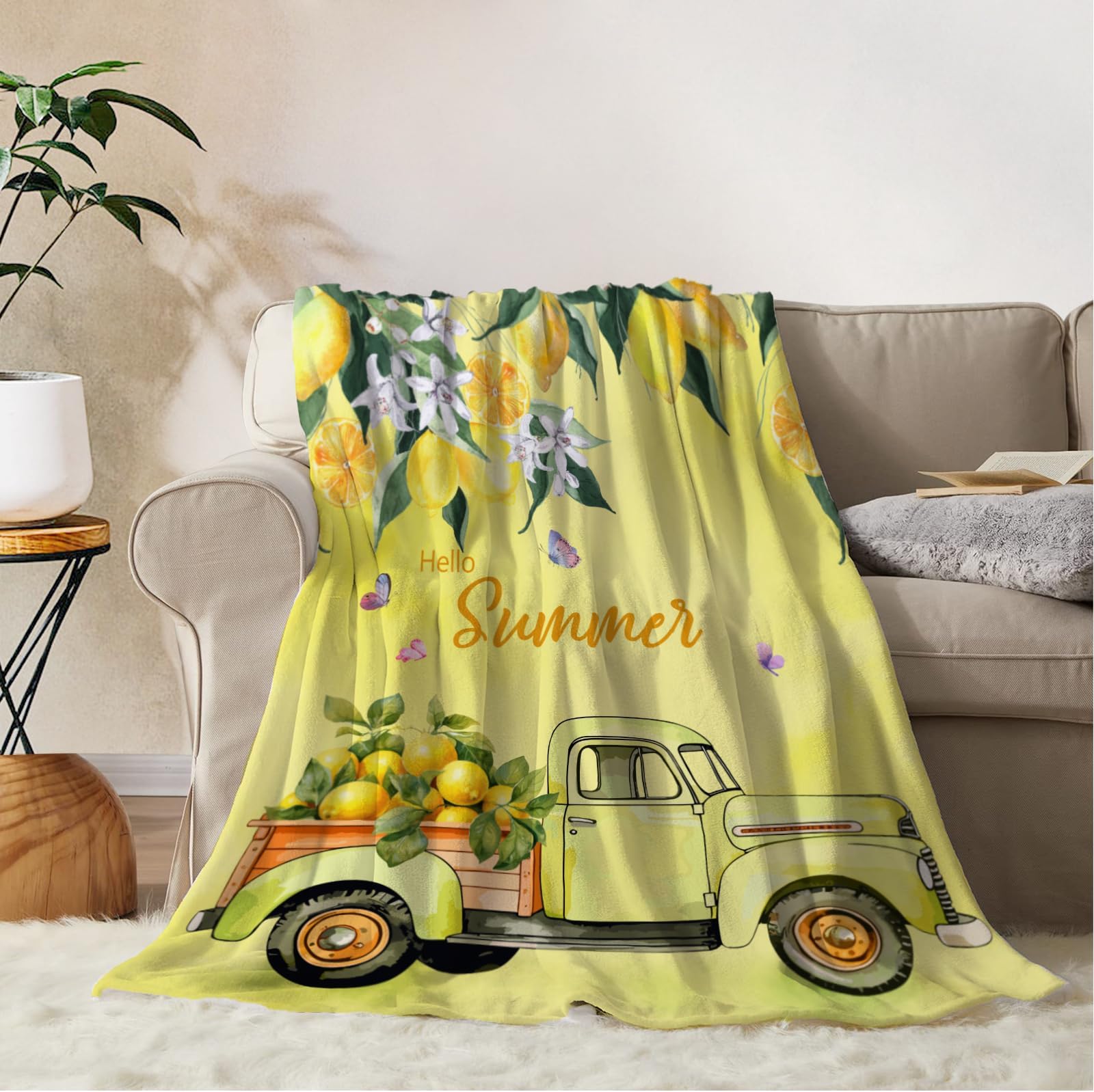 YeeJu Spring Summer Throw Blanket Farmhouse Summer Theme Floral Blanket Throw Blanket for Couch Sofa Bed Soft Cozy Fuzzy Plush Fleece Blankets Yellow Lemon Flower Decorative Blanket 50x60