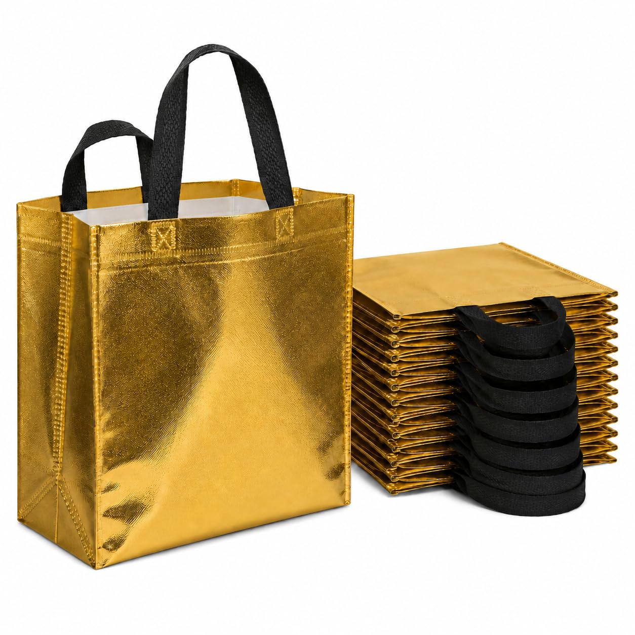 Pack of 12 Metallic Gold Laminated Non Woven Tote Bags with Black Handles, Size 9x10x4 Inches | Reusable Gift Bags for Wedding Return Gifts, Shopping, Grocery, Boutique, Party Favor, Festival Packaging & Premium Carry Bags for Women and Men | Large Reusable Shopping Bags for Gifting and Storage-image-26