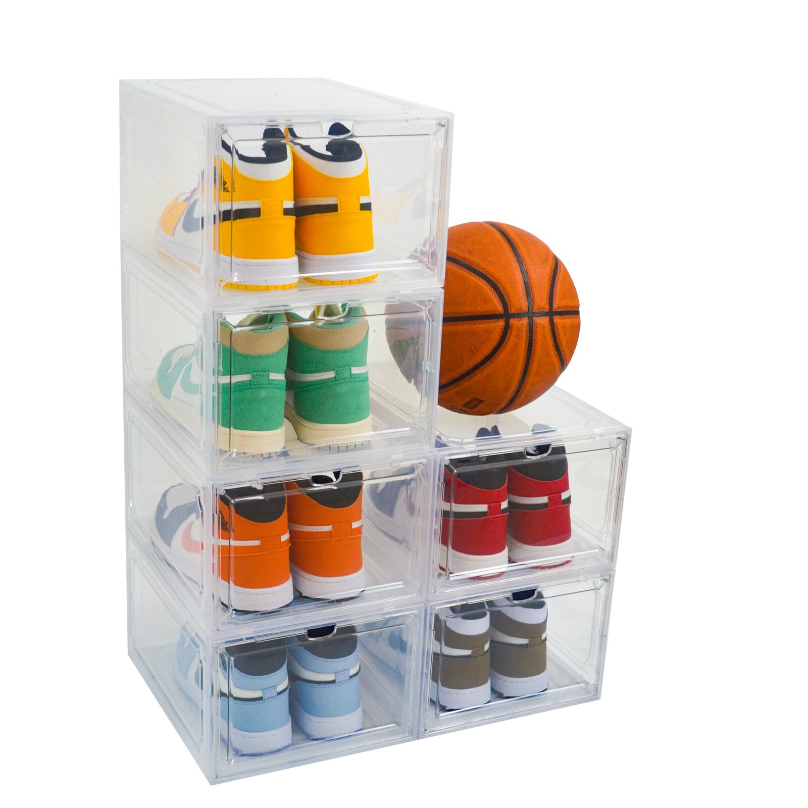 Drop Front Plastic Shoe Box with Clear Door,Set of 6,Stackable,For Display Sneakers,Easy Assembly,Fit up to US Size 12(13.6”x 10.6”x 7.5”)