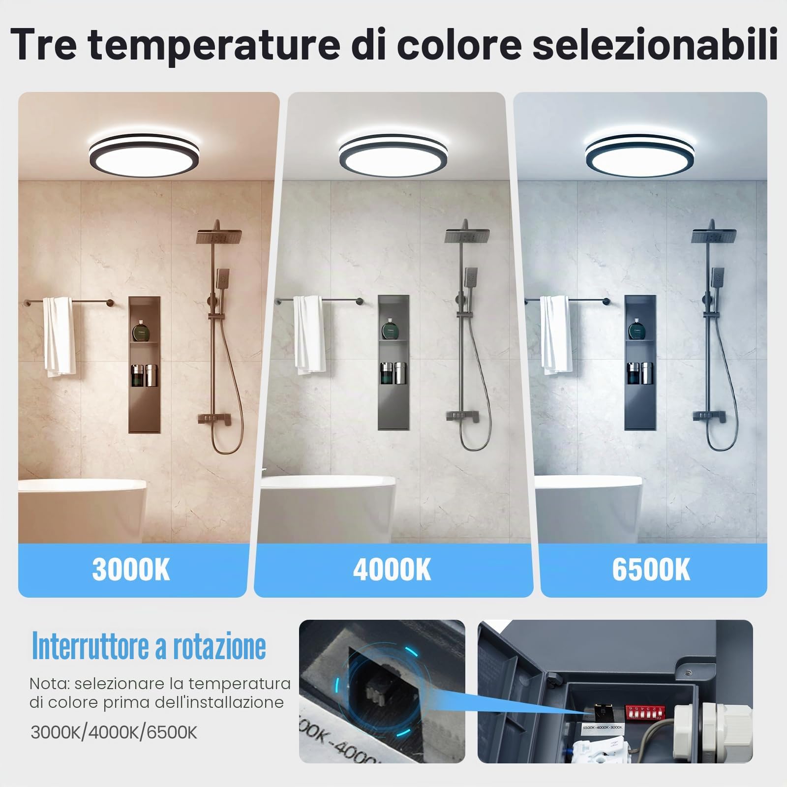 LEZOE Plafoniera LED con sensore di movimento IP65 impermeabile, 30W 4500lm 150(Lm/W) lampada da soffitto con 3000K/4000K/6500K Ideale per bagno, stanza umida, garage, corridoio, balcone Ø26cm Grigio