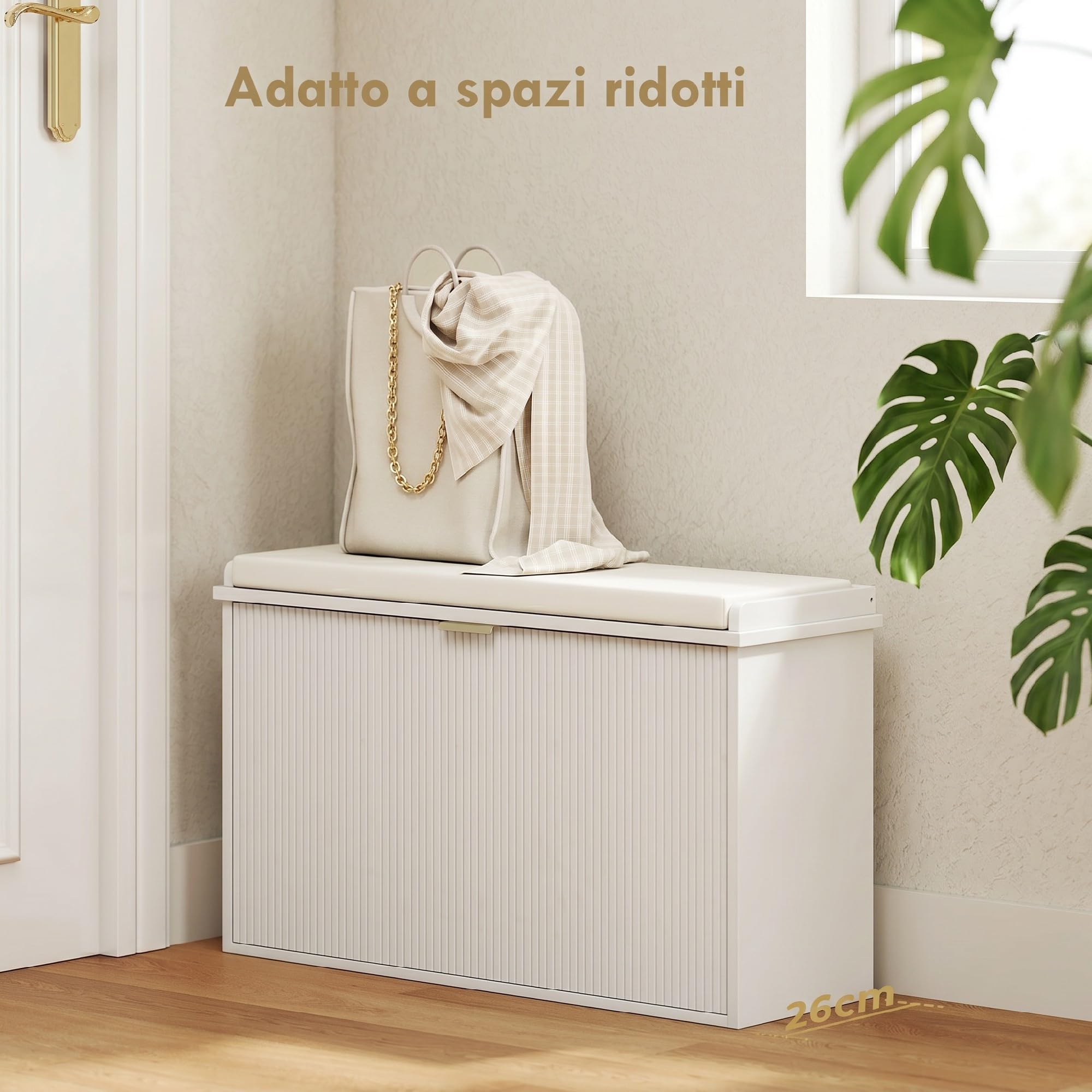 HOMCOM Panca Scarpiera Ripiano Regolabile, 80x26x47.5 cm, Bianco e Beige | Ripiano Interno Rimovibile, Mobile Scarpiera, Legno Effetto Lino e Tessuto