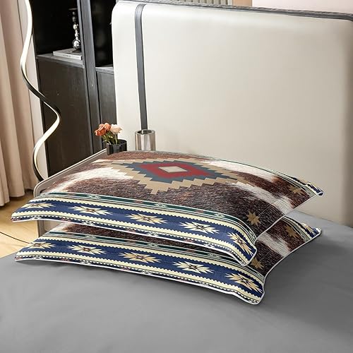 Miniatura 4 de jejeloiu Juego de ropa de cama azteca, tamaño King, estampado de piel de vaca occidental, funda de edredón 100% algodón para niños, funda de edredón