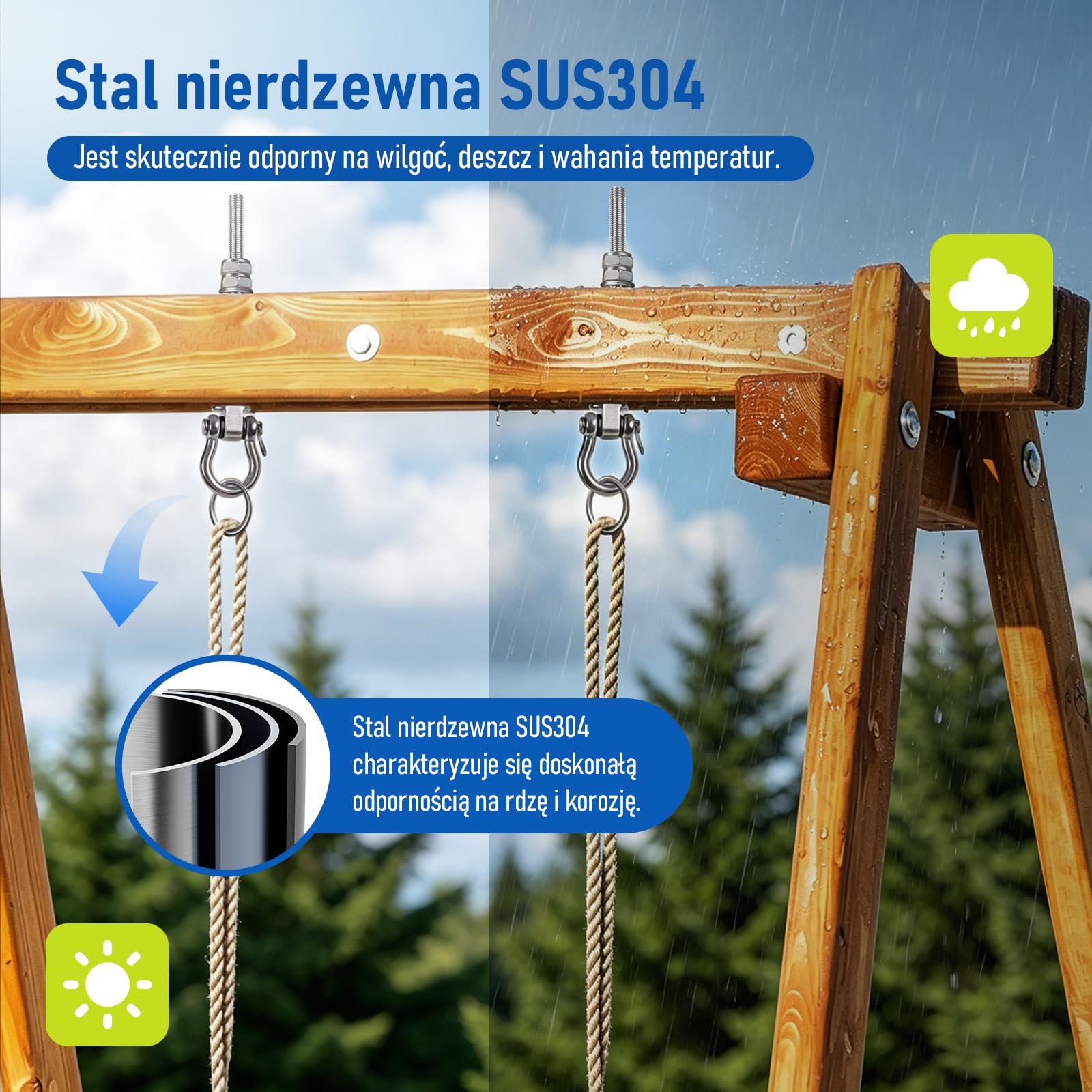 4 haki na huśtawkę M10, do dużych obciążeń, obrotowe haki sufitowe ze stali nierdzewnej, zawieszenie do belek drewnianych i betonowych, huśtawki, hamaka, fotela wiszącego(285 mm)