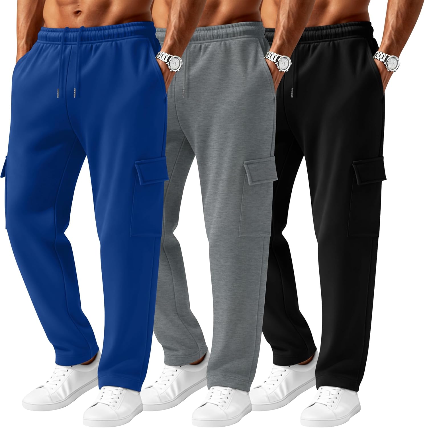 August Alley 3 Pack Men's Cargo Sweatpants Baggy Joggers Lightweight Casual Built-in Drawstring Tapered Pants with Pockets