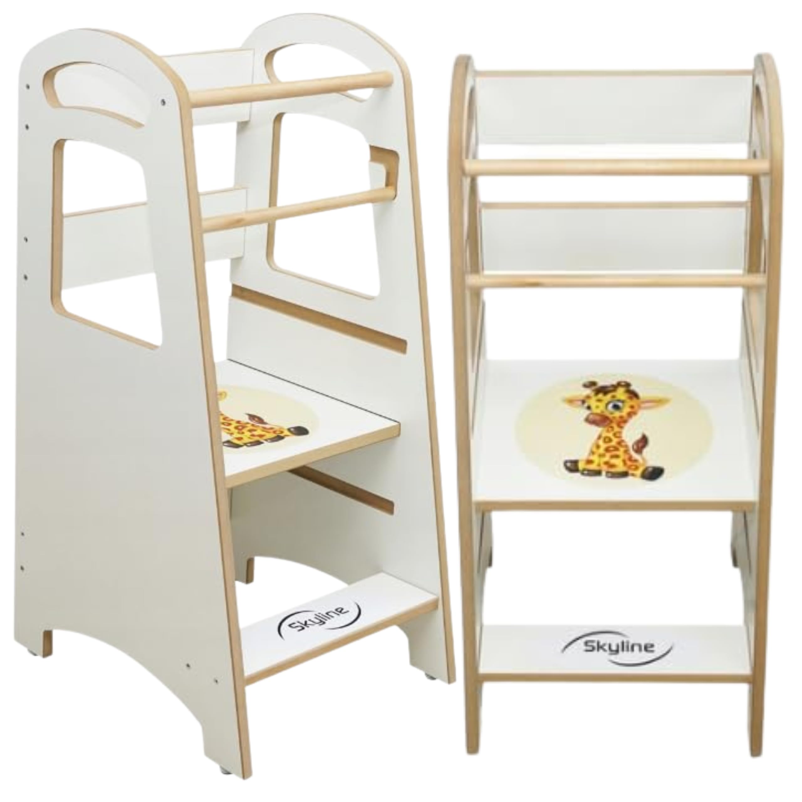 Skyline Steh und Lernturm Baby ab 1 Jahr Montessori Learning Tower Höhenverstellbar Tritthocker Kinder Indoor Möbel Kinderzimmer Trittschemel Kitchen Helper Hochstuhl (Weiß mit Giraffe)